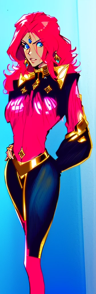 master piece, 8k, realistic, red haired beautiful woman with a blue eyes, beautiful face, jewel on forehead with thin gold chain falling to diamond ear rings, wearing frilled top with a jeweled collar, exposed large torpedo breasts, pink nipples, long fluffy shear long sleeves, sparkling topaz gem on belly button, skin tight bejeweled black capri pants with thin gold and diamond belt, gloved right hand on hip , clamp style, beautiful stylish woman, colored sketch, realistic, anime character, full body art, ,colored lineart, digitally colored