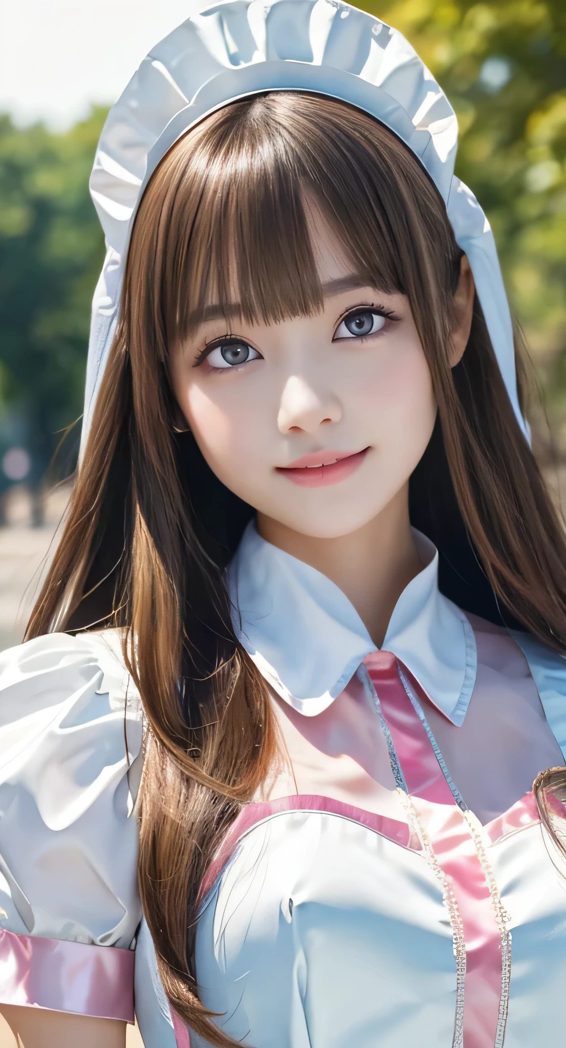 Angelic very beautiful cute young girl,
Beautiful detailed eyes, (5 yo:1.2),
Detailed double eyelids,
(Soft Saturation: 1.3), 
(Fair skin: 1.3),v-line jaw,
(Large eyes:1.4),
Long straight brown hair, 
see-through bangs,
Sharp Focus,
beautiful detailed face and eyes, 
drooping eyes,
small straight nose,
small mouth, 
happy smiling with visible teeth, 85mm lens, F/8.0,BREAK (Super shiny white and metallic pink maid costume :1.3),Walking,Brown hair ,(Costumes with strong reflective surfaces:1.3),
(Best Quality:1.2),(Maid costume:1.5),
Raw photo, 
High resolution, 
perfect  detail, 
Professional Photography, 
Professional Lighting,
Powerful lighting of the costume,In the street