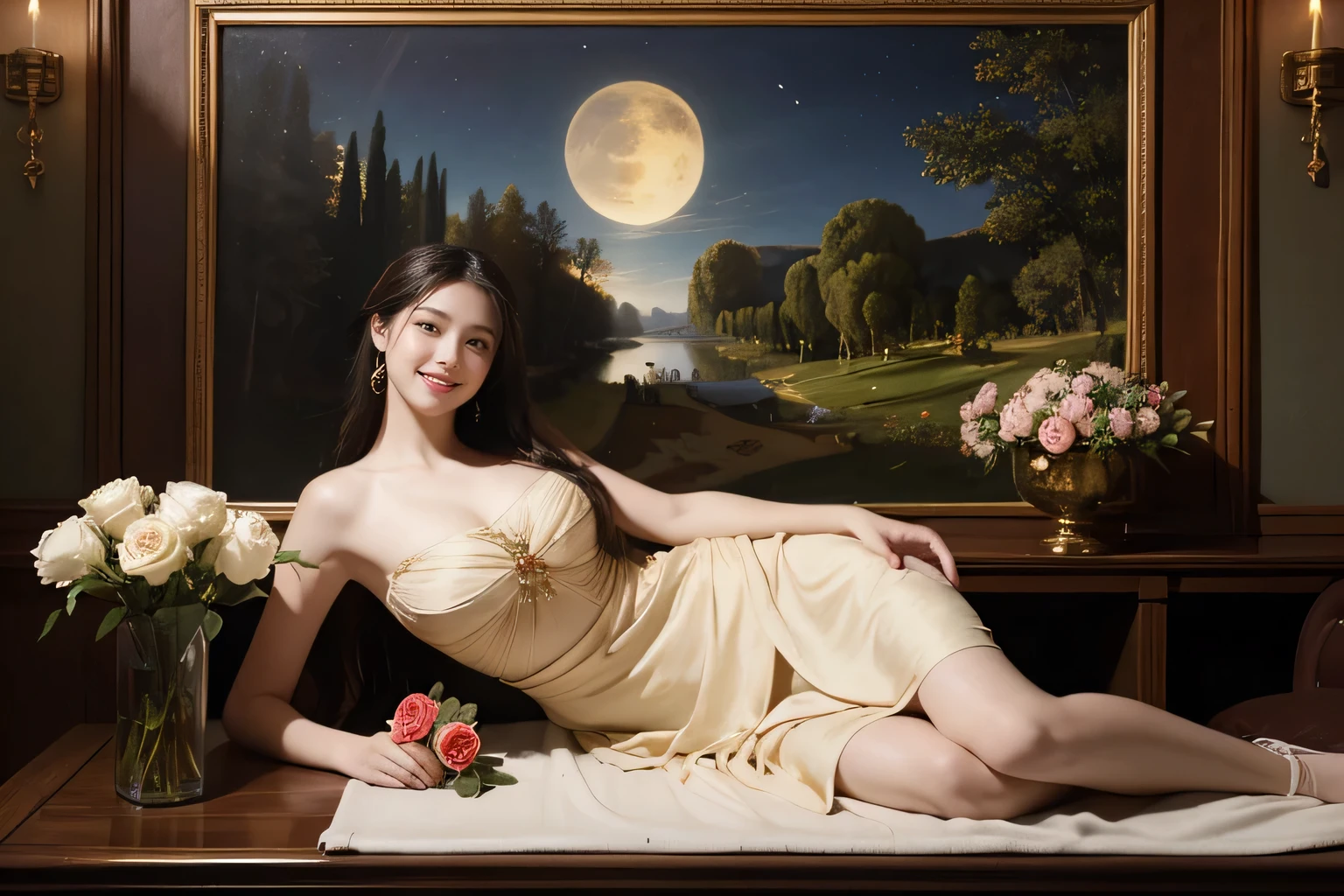 Giorgione painting style,Arguments of two female Philosophe,math、astronomical machine、astronaut、roses in vase、fruits、Cute trinkets、smile、ancient greek costume、Background is a forest lake at night 、Clothes that stretch your shoulders、A big smile、beautiful bare skin、A detailed representation of the seducing woman throughout her body.