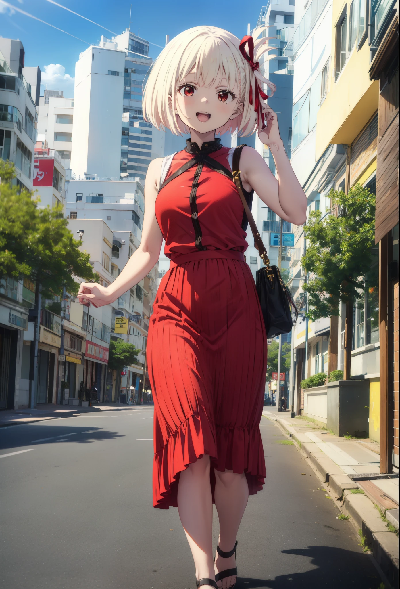 chisatonishikigi, Chisato Nishikigi, short hair, bangs, blonde, (Red eyes:1.5), Hair Ribbon, One side up, Bobcut,happy smile, smile, Open your mouth,
Open your mouth, Red sleeveless dress,Bare arms,Red long skirt,Cute Sandals,whole bodyがイラストに入るように,Walking,Daytime,sunny, walk,Looking up from below,break looking at viewer,whole body,break outdoors, In town,Coastal Road, break (masterpiece:1.2), highest quality, High resolution, unity 8k wallpaper, (shape:0.8), (Beautiful details:1.6), Highly detailed face, Perfect lighting, Extremely detailed CG, (Perfect hands, Perfect Anatomy),