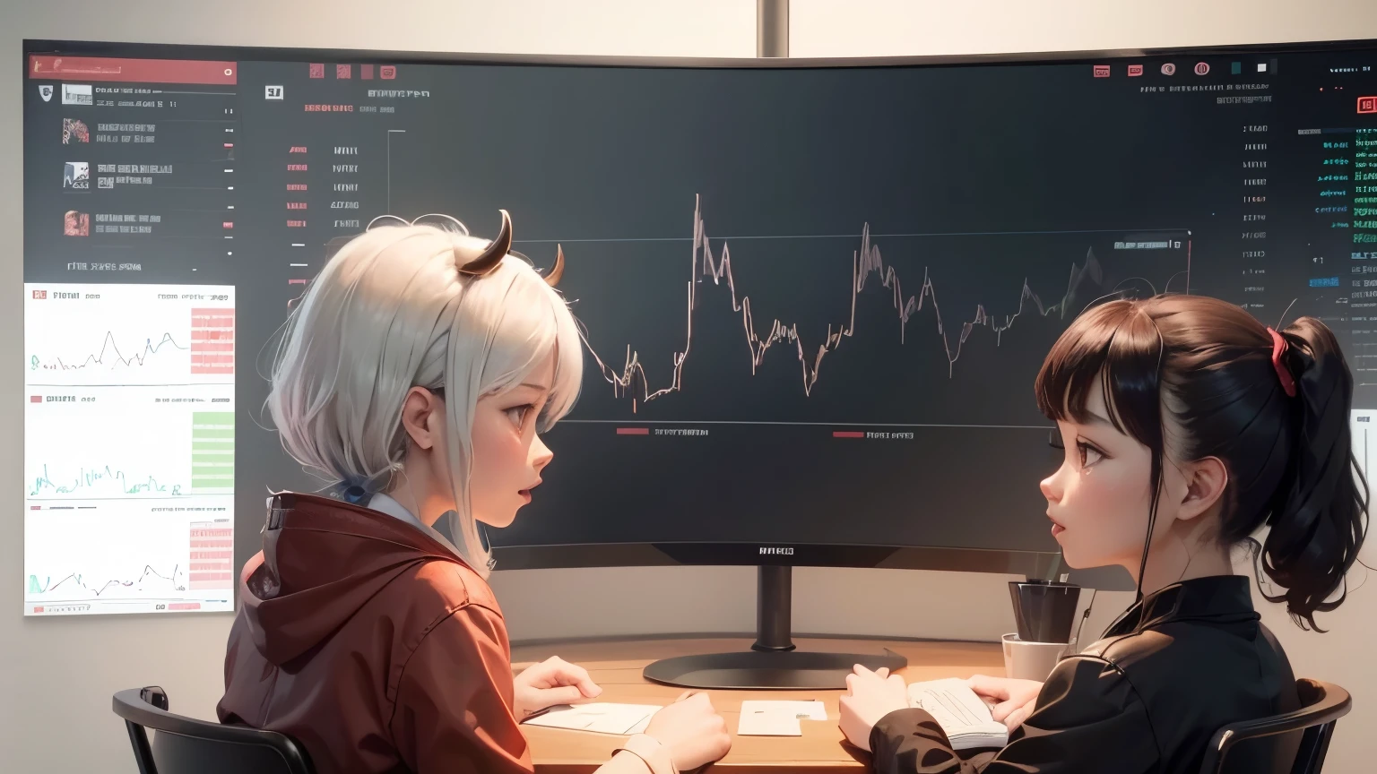 On the left side of the screen is a cow monster.、On the right side of the screen is a cow monster.、Two people are arguing、They are blaming each other.、In the background, a full-screen exchange chart、The background is filled with candlestick charts.、