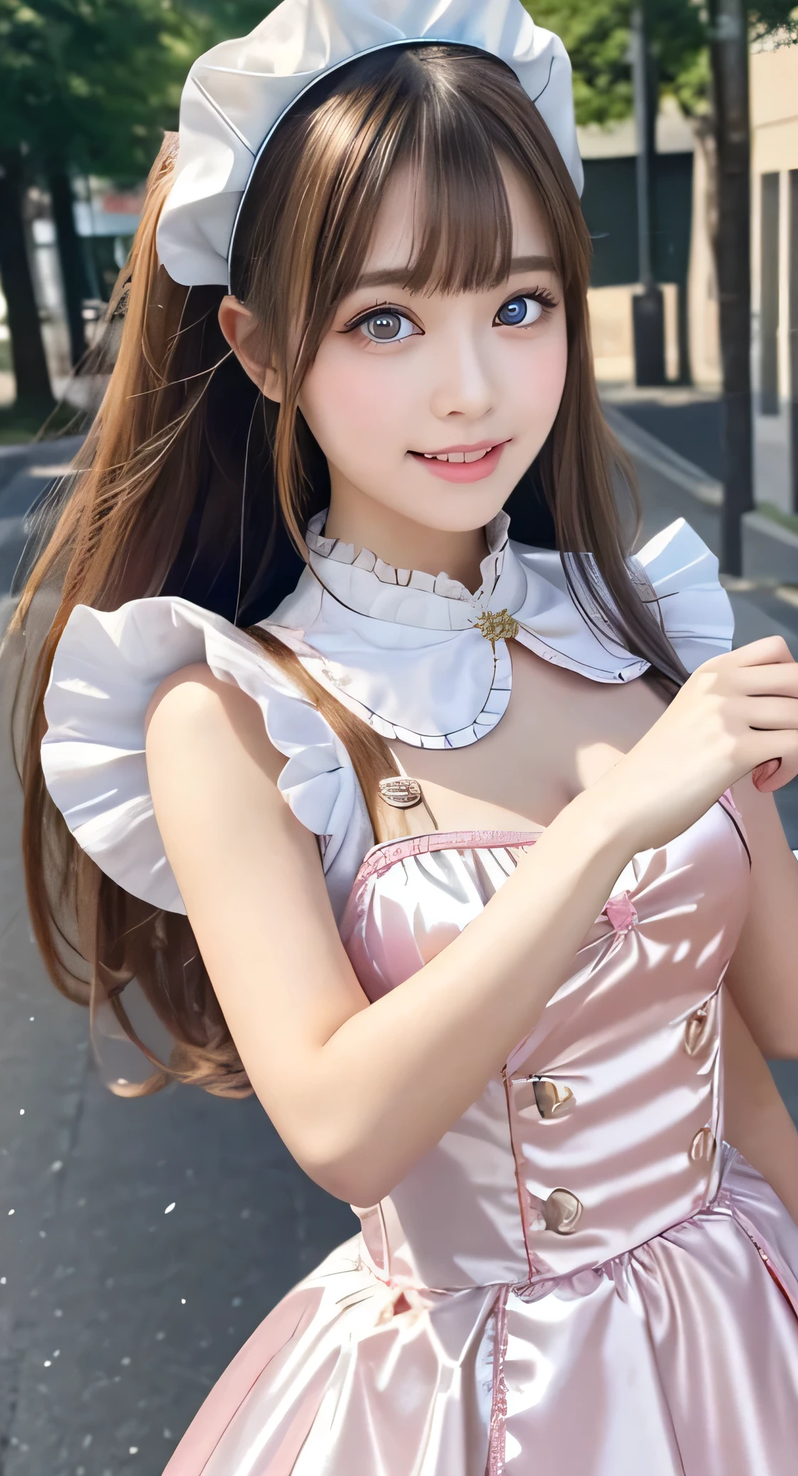 Angelic very beautiful cute young girl,
Beautiful detailed eyes, (5 yo:1.2),
Detailed double eyelids,
(Soft Saturation: 1.3), 
(Fair skin: 1.3),v-line jaw,
(Large eyes:1.4),
Long straight brown hair, 
see-through bangs,
Sharp Focus,
beautiful detailed face and eyes, 
drooping eyes,
small straight nose,
small mouth, 
happy smiling with visible teeth, 85mm lens, F/8.0,BREAK (Super shiny white and metallic pink maid costume :1.3),Walking,Brown hair ,(Costumes with strong reflective surfaces:1.3),
(Best Quality:1.2),(Maid costume:1.5),
Raw photo, 
High resolution, 
perfect  detail, 
Professional Photography, 
Professional Lighting,
Powerful lighting of the costume,In the street