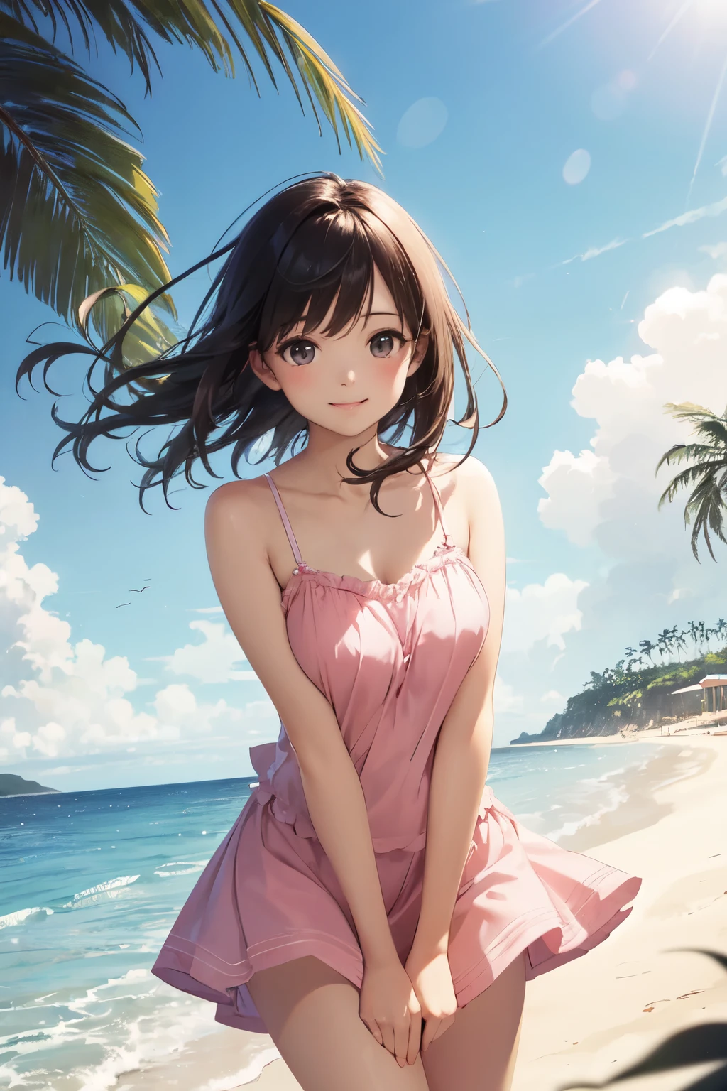 very cute and beautiful girl,(highly detailed beautiful face),pink camisole,cute ruffle petticoat,
(smile),happy,looking at viewer,black hair,cowboy shot,detailed legs,beach,tropical resort,
(best quality,masterpiece),absurdres,highres,ultra-detailed,extremely detailed,32k,8k resolution,
intricate details,cinematic scene,detailed background,solo,dynamic angle,
natural lighting,hair fluttering in the wind,beautiful detailed sky,(realistic),