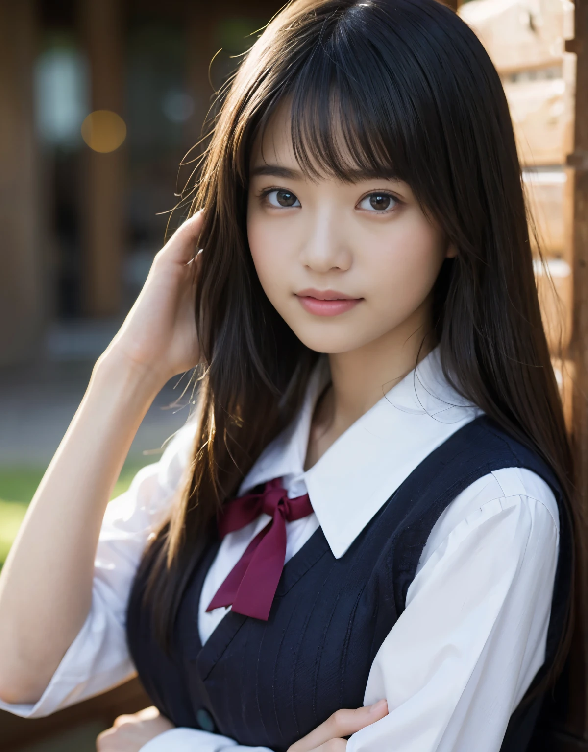(1 girl)、highest quality、masterpiece、超A high resolution、(Photoreal:1.4)、Raw photo、Only one girl、high school student、(college uniform)、Portrait、Shadow、octane rendering、8K、intricate decorative details、Japan details、very intricate details、Close-up、realistic light、(mysterious look)、CG Society Trends、shining eyes、towards the camera, smiling, feminin pose