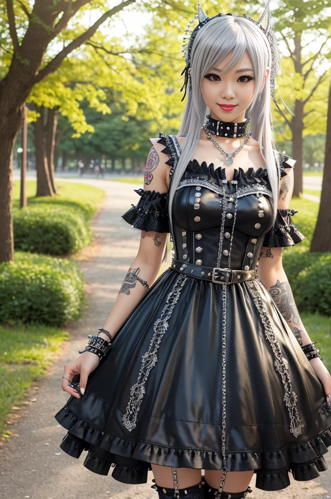 sexy stylish Japanese model, only 1 female, long multicolor stylish hair, ((shiny Punk-Style boots)), (welcoming smile), detailed makeup, lipgloss, ((sexy Punk ta cosplay)), unconventional skirt, petticoats, high neckline, ((ultra detailed lace)), ((ultra detailed embroidery)), intricate details, tartan patterns, ((silver chains)), ((silver spikes)), ((safety pins)), Punk Loliccessoires, Punk Lolita cr, ((large sparkling Punk Lolita jewel, cinematic light, detailed large park background with trees