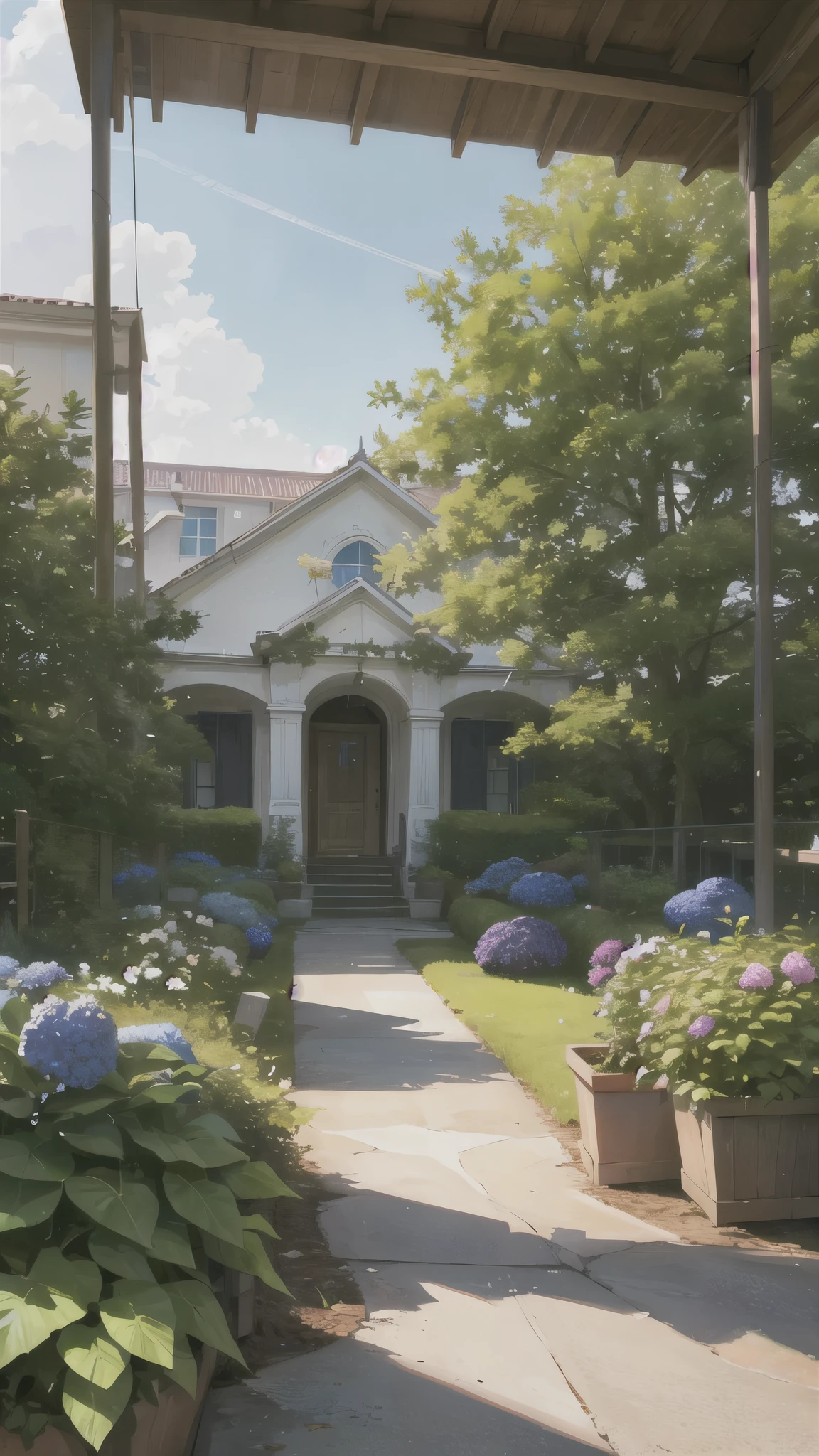 (ultra high res,photorealistic,best quality,photo-realistic),(8k,raw photo,best quality,masterplece),(photon mapping,radiosity,physically-based rendering,automatic white balance),real person,photograph,bridge, building, bush, city, cloud, day, door, fence, field,orest, garden, grass, house, hydrangea, mountain, nature, no_humans, outdoors, path, plant, potted_plant, purple_flower, road, scenery, sky, skyscraper, traditional_media, tree,