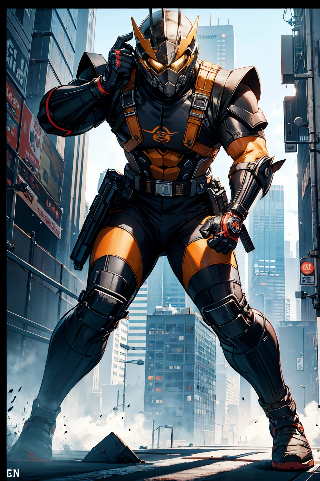 Mechanical power fist boxing mask protective gear sci-fi city full-body shot Hero character design