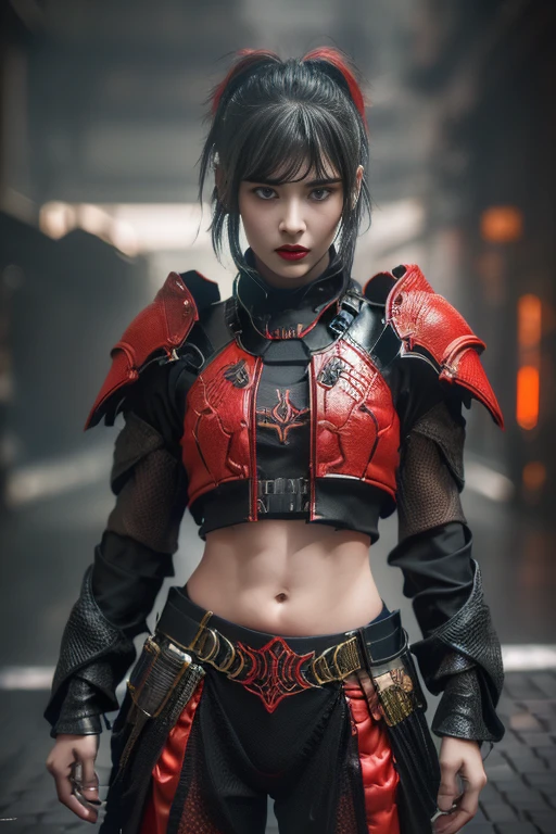 tmasterpiece,Best quality,A high resolution,8K,(Portrait photograph:1.5),(ROriginal photo),real photograph,digital photography,(Combination of cyberpunk and fantasy style),(Female soldier),20 year old girl,random hair style,By bangs,(Red eyeigchest, accessories,Redlip,(He frowned,Sneer),(Cyberpunk combined with fantasy style clothing,Openwork design,joint armor,police uniforms,Red clothes,red colour),exposing your navel,Photo pose,Realisticstyle,Thunder and lightning on rainy day,(Thunder magic),oc render reflection texture