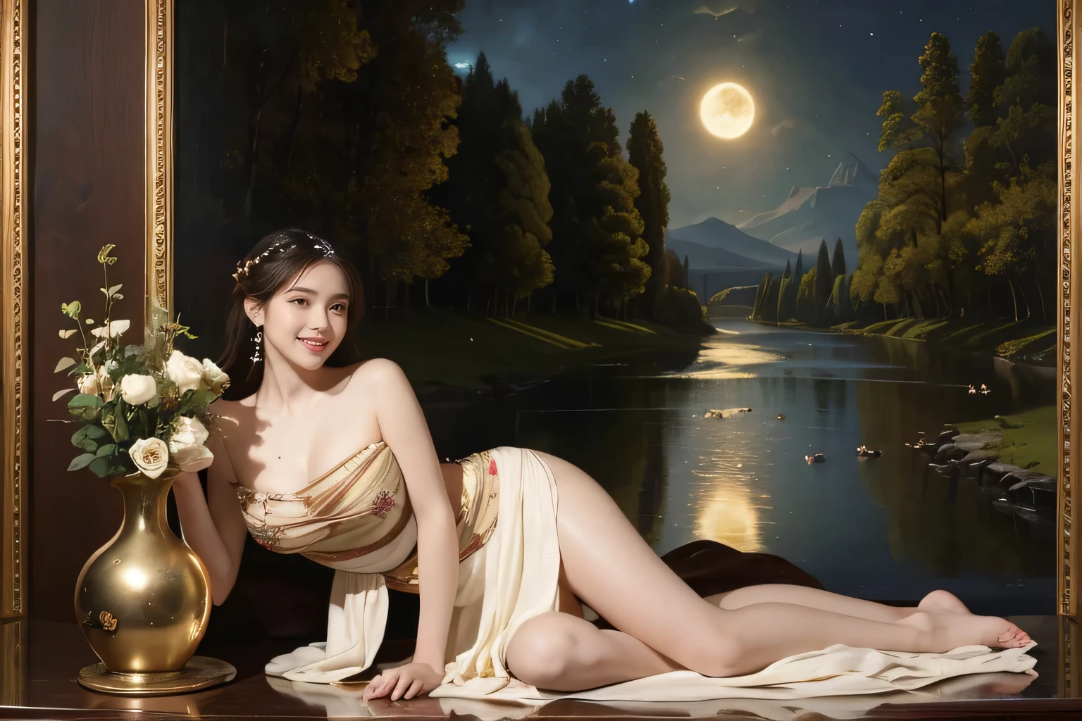 Giorgione painting style,Arguments of two female Philosophe,math、astronomical machine、astronaut、roses in vase、fruits、Cute trinkets、smile、ancient greek costume、Background is a forest lake at night 、Clothes that stretch your shoulders、A big smile、beautiful bare skin、A detailed representation of the seducing woman throughout her body.