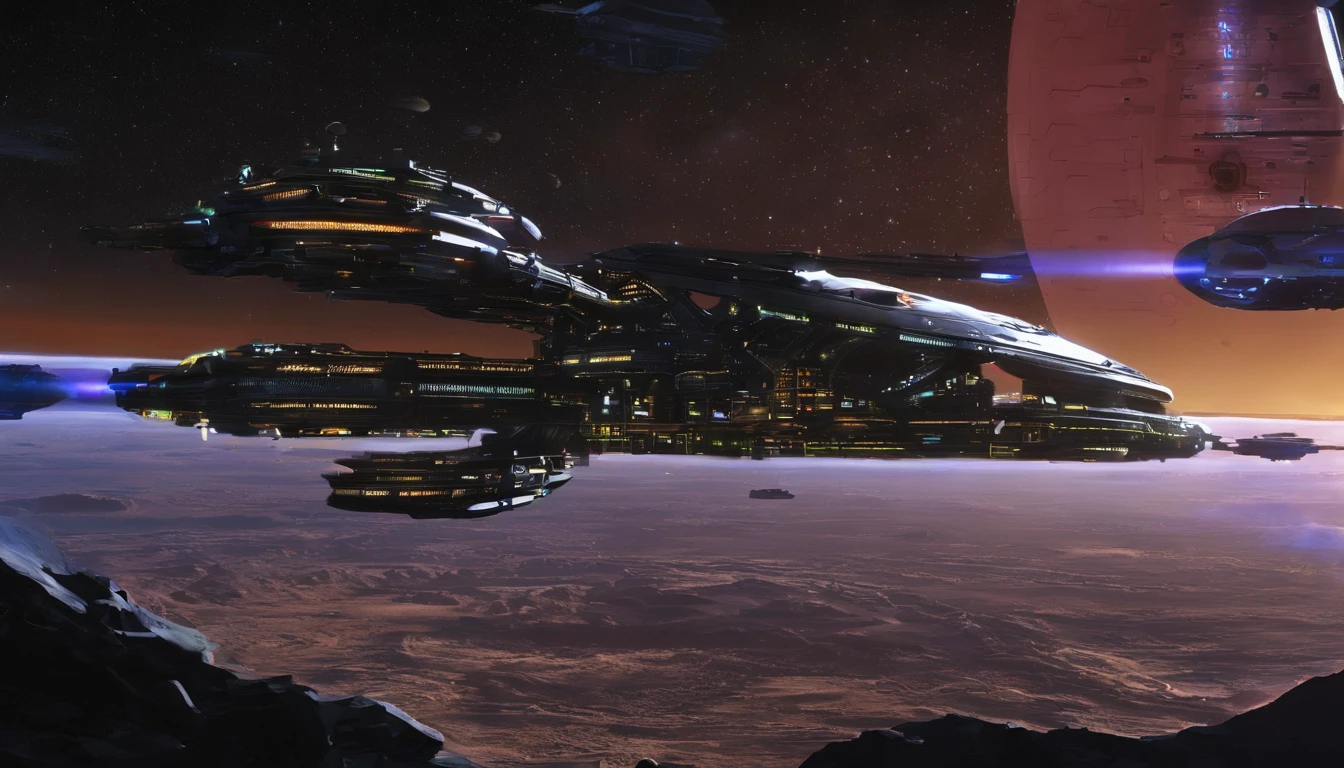 (((The space station is massively bigger than Babylon 5, but in the shape of Deep Space 9))). (((The space station has 6 O'Neal Class space stations off in 5 directions, & 1 down the middle))). It's 10 times bigger than Saturn, and generates it's own power. There are hundreds of starships going to & fro, from the station, at any hour of the day. The station is in the foreground. There are many stars, a nebula, and a comet, in the background., conceptual art, vibrant, dark fantasy, ukiyo-e, 3d render, architecture, portrait photography, cinematic, vibrant glass, diamond, J. Michael Strazynski style.