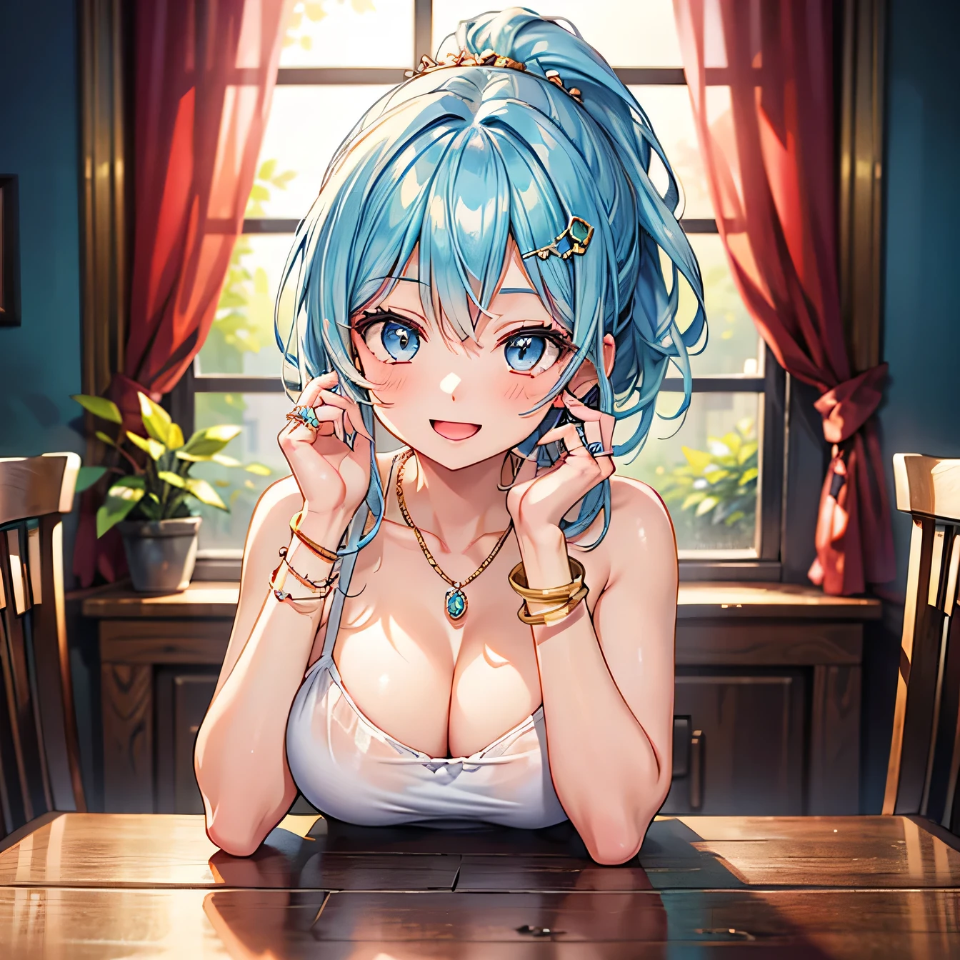 Anime Moe Art Style,highest quality,High resolution,Anatomically correct,One Girl,Mid-s,A girl with light blue hair in a ponytail,Super detailed,Fantasy World,Girly fashion,Big ich expression,Laughing with your mouth open,Resting her breasts on the he gesture of tucking hair behind the ear,Eyes drawn in detail,hair ornaments,necklace,bracelet,ring,8K