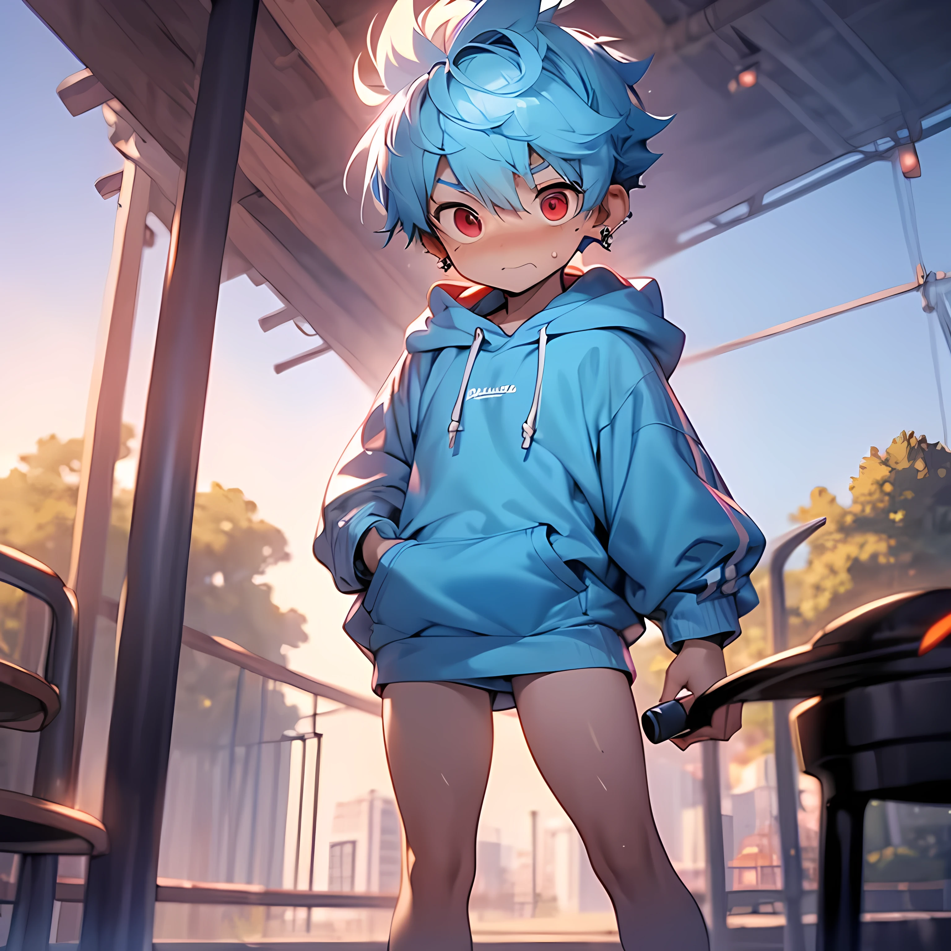 (boldline:-1.6), (standing:1.5), (arched back:1.3), (thighs:1.6), BREAK (best quality:1.5), (absolutely resolution:1.5), (ultra detailed:1.5), (masterpiece:1.5), (perfect face:1.5), (detailed face:1.5), (detailed eyes:1.5), (cute face), (shota:1.65), (baggy hoodie:1.5), (bottomless:1.8), (skinny:1.3), (spiked hair), BREAK (light blue hair:1.5), (wine red eyes:1.4), (eyes with high light), ((mole under eye)), (sweaty skin), BREAK (embarrassed:1.5), ((earrings)), (shiny skin:1.3), BREAK (park:1.8), BREAK (at twilight:1.5), (((wind blowing))), (from below), wide angle,