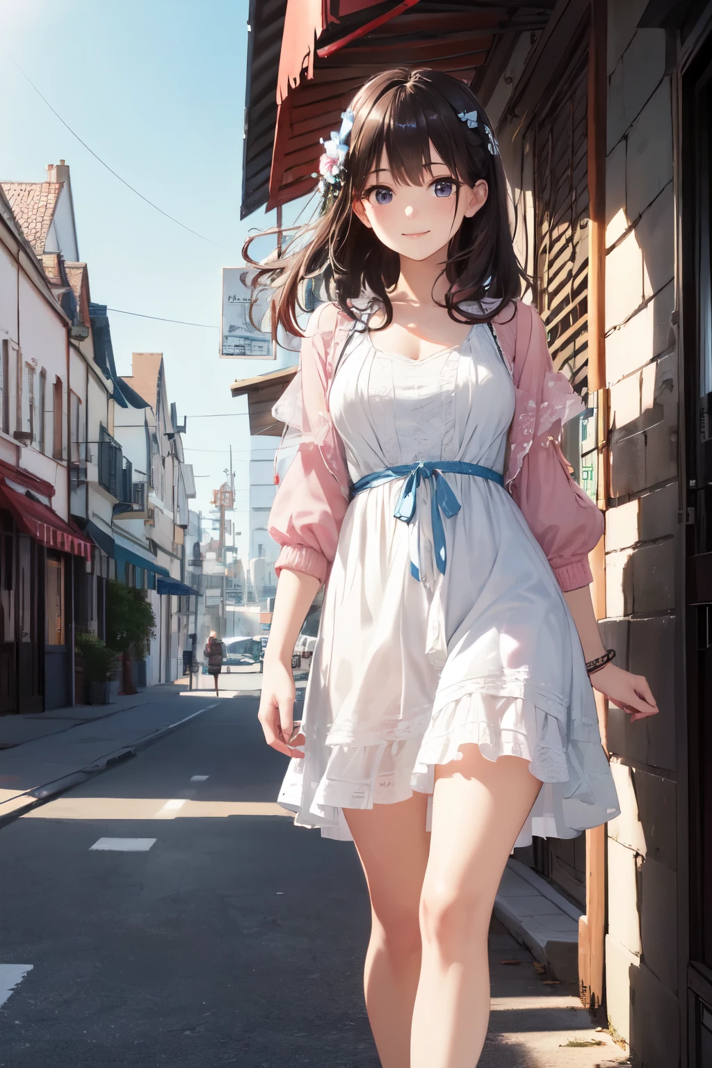 very cute and beautiful girl,(highly detailed beautiful face),frilled white summer dress with detailed lace,blue cardigan,
standing,road side of seaside town street,harbor,marina,beautiful summer sky,(smile),black hair,mid shot,stylish pose,detailed legs,
(best quality,masterpiece),absurdres,highres,ultra-detailed,extremely detailed,32k,8k resolution,
intricate details,cinematic scene,detailed background,solo,dynamic angle,(realistic),