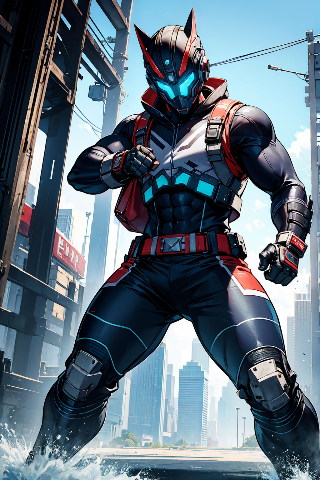 A ager wearing mechanical power boxing gloves boxing mask protective gear sci-fi city full-body shot Hero character design