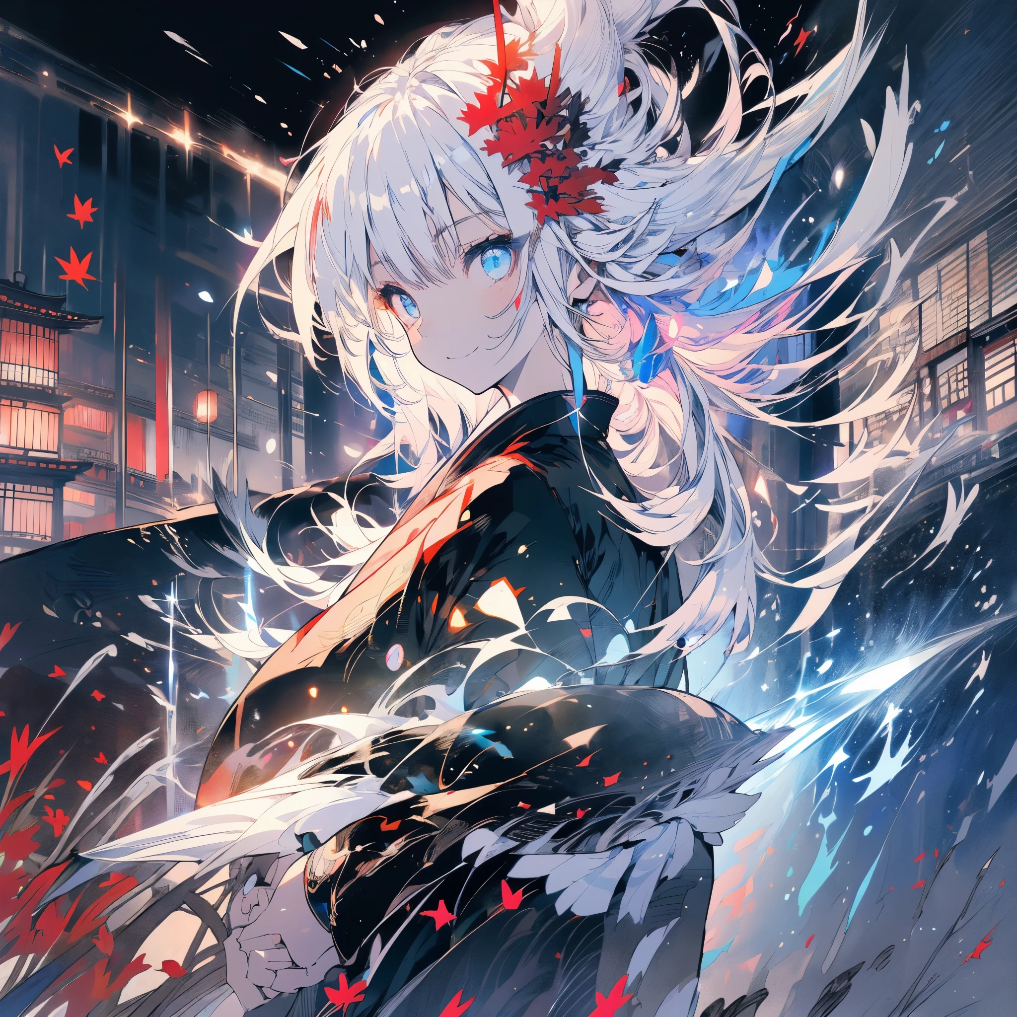 ((Fantasy White Hair Long Hair black one person Lonely blue eyes Open chest kimono)) ((night Japanese style old Shining Aura)) (Dance Japanese sword Pulling out the sword samurai Military commander) moon star Slashing Catch the wind print Tense face Shining Edge Reflection of the sword Blood Maple On the pond Emit an aura Look this way smile