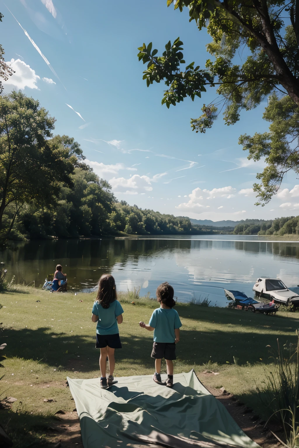 Cartoon siblings with 2 young children having camping activities by the lake