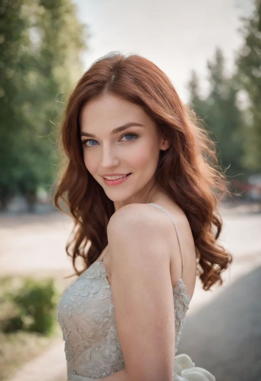 Smiling girl with reddish brown hair, blue eyes, Hermoso, cuerpo completo, small breasts, vistiendo un vestido corto negro con medias de red, tacones altos en los pies, pintalabios rojo