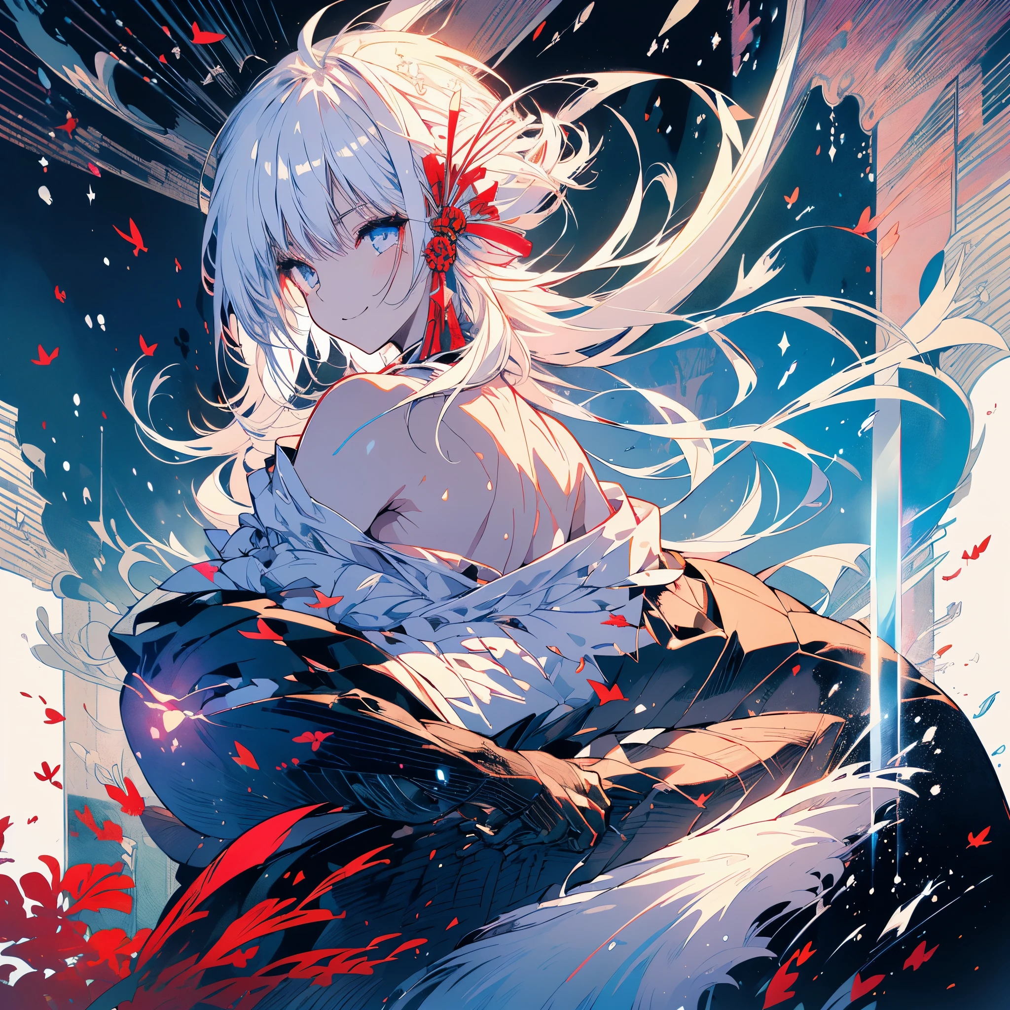 ((Fantasy　White Hair　Long Hair　black　one person　Lonely　Open chest kimono))　((night　Japanese style　old　Shining Aura))　(Dance　Grasp the sword　Hold with both hands)　moon　star　Draw your sword　Slashing　Catch the wind　print　Tense face　Shining Edge　Reflection of the sword　Blood　　Red Butterfly　On the pond　Emit an aura　Look over　smile