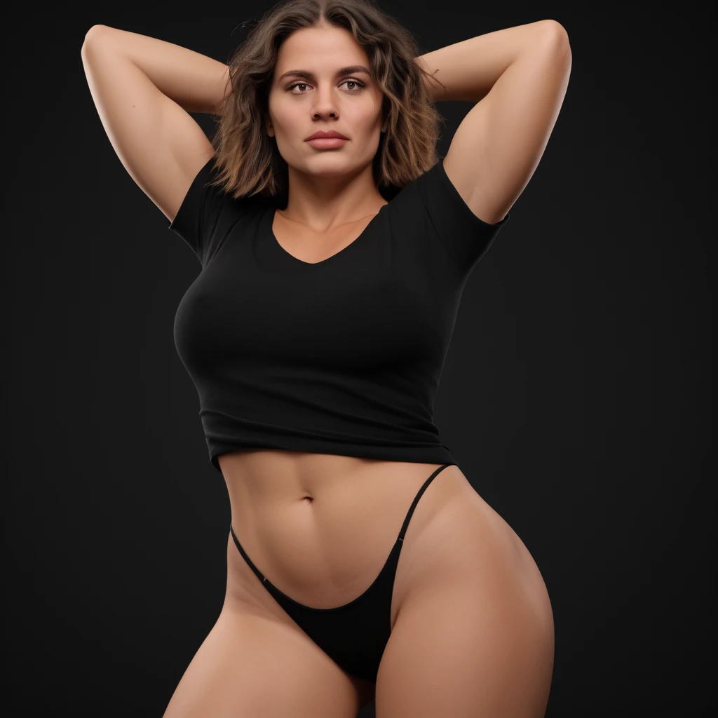 zPDXL2, zPDXLpg, zPDXLrl, A portrait photo of a 26-year-old influencer posing in her jade panties, as a black backdrop looms behind her. This tanned+fit stunner features a (well-defined hourglass silhouette), (bountiful perky breasts), graceful firm build, and a choppy-messy bob.