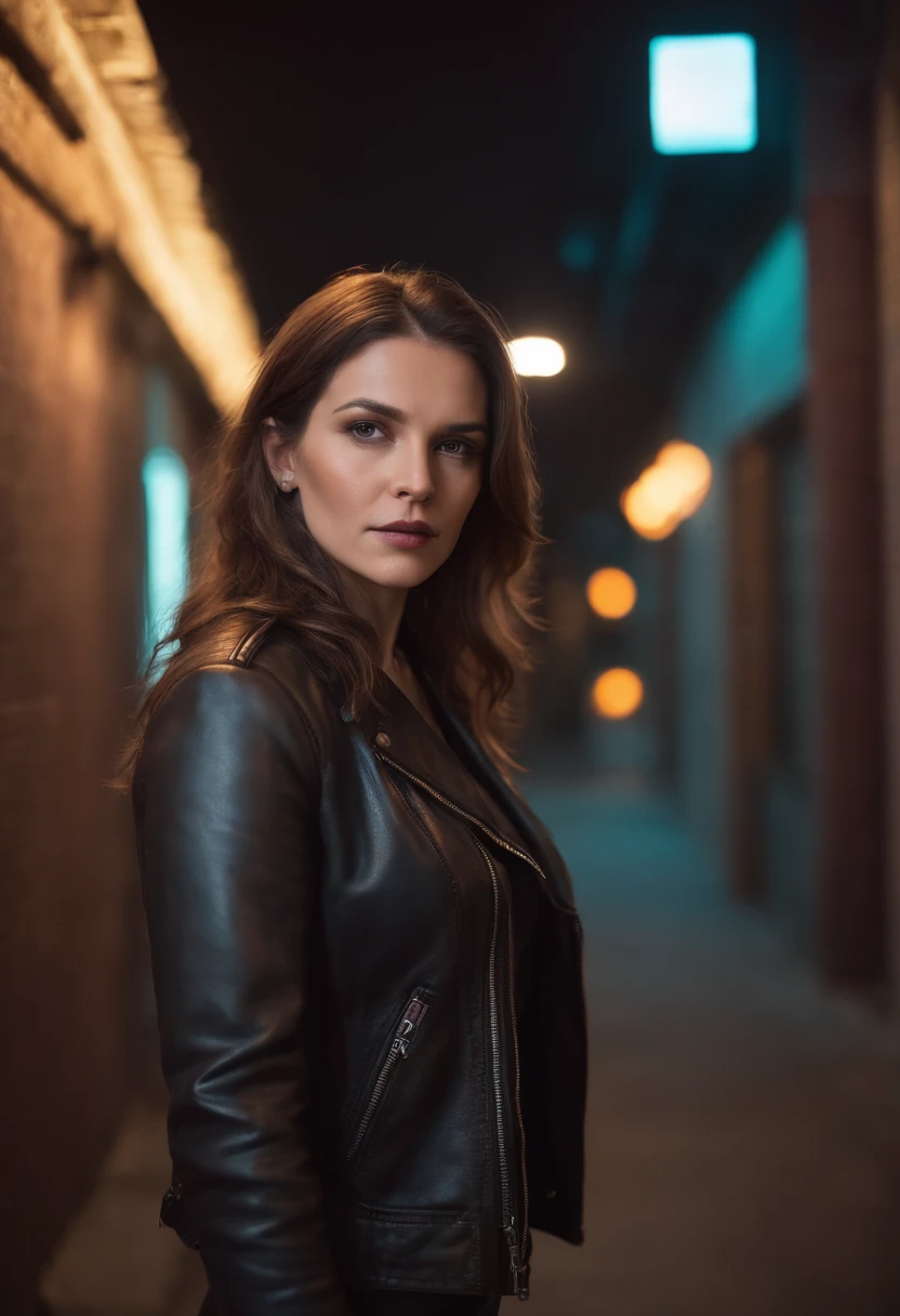 a mysterious 50 year old woman with a magnetic presence, wearing a leather jacket, in a neon-lit alley, dramatic lighting, cinematic composition, highly detailed, photorealistic, 8k, (best quality:1.2), (realistic:1.37), cinematic composition, dramatic lighting, moody atmosphere, intricate details, hyper realistic, impeccable lighting, flawless skin, piercing eyes, flowing hair, leather jacket, neon lights, urban setting, mysterious vibe, photographic