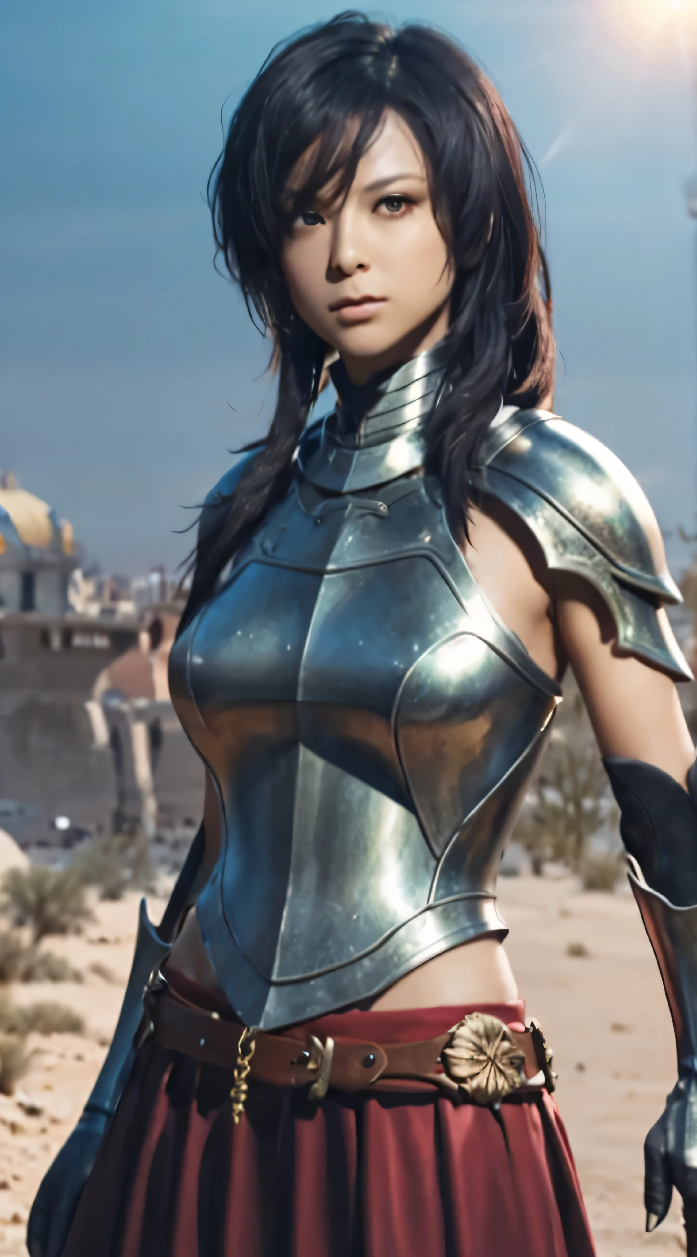 masterpiece, Bokeh, highest quality, Realistic, Ultra-high resolution, 1 mature female, Highly detailed close-up portrait,

Dragonborn full body armor and red plated skirt combination,

Super long straight black hair, Beautiful red eyes, Ultra-detailed armpits, Shiny skin, nice,

desert, Powerful backlight, Volumetric lighting, Soft lighting