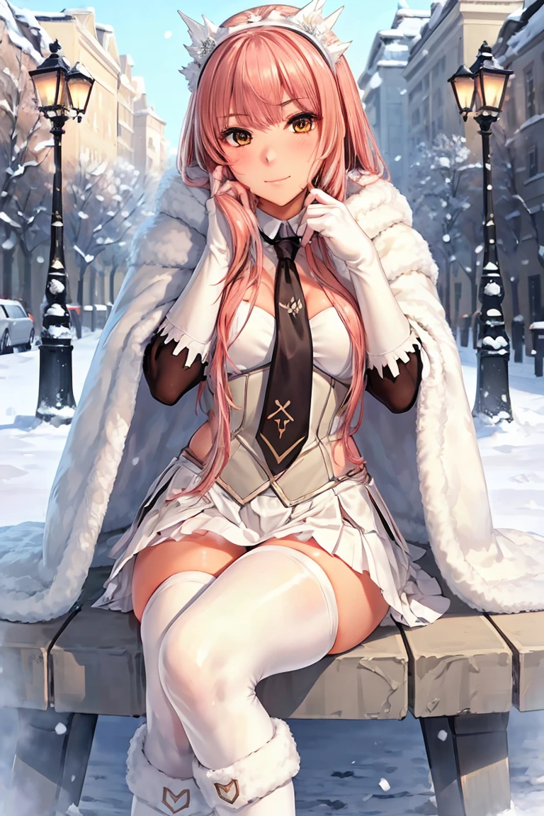 (masterpiece, sidelighting, finely detailed beautiful eyes: 1.2), glowing eyes, shiny hair, lustrous skin, solo, embarrassed, medb \(fate\), outdoors, cloak, white cloak, fur trim, knee boots, snow, street, lamppost, full body, Nsfw, (masterpiece, best quality:1.2), solo, 1girl, medb, unamused, closed mouth, looking at viewer, hand on own face, sitting, crossed legs, collared shirt, necktie, skirt, pantyhose