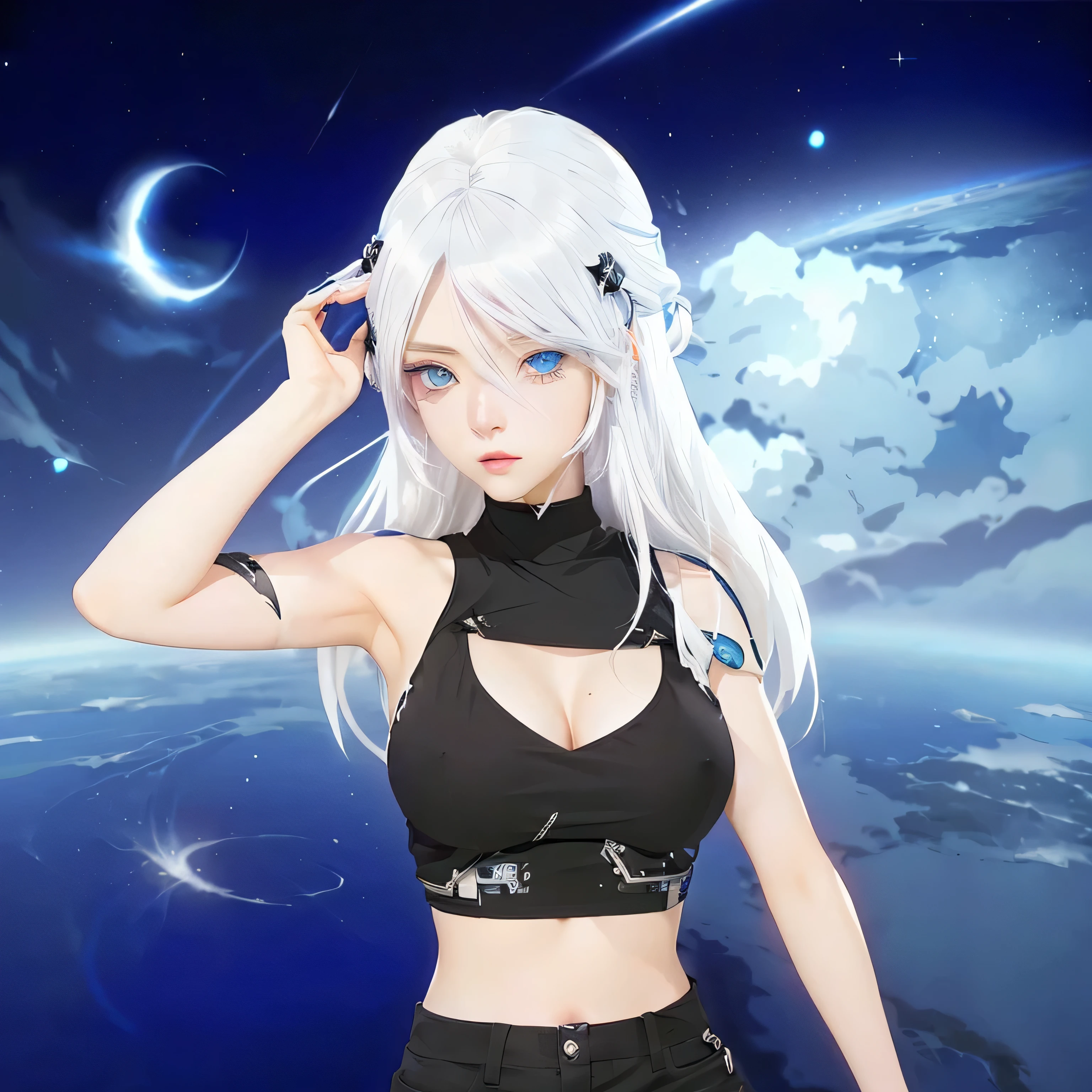 anime girl with white hair and blue eyes in a black top, anime style. 8k, anime style character, cyborg - girl with silver hair, anime styled, in anime style, white haired deity, anime inspired, perfect white haired girl, anime girl with cosmic hair, portrait anime space cadet girl, perfect android girl, girl with white hair, in an anime style