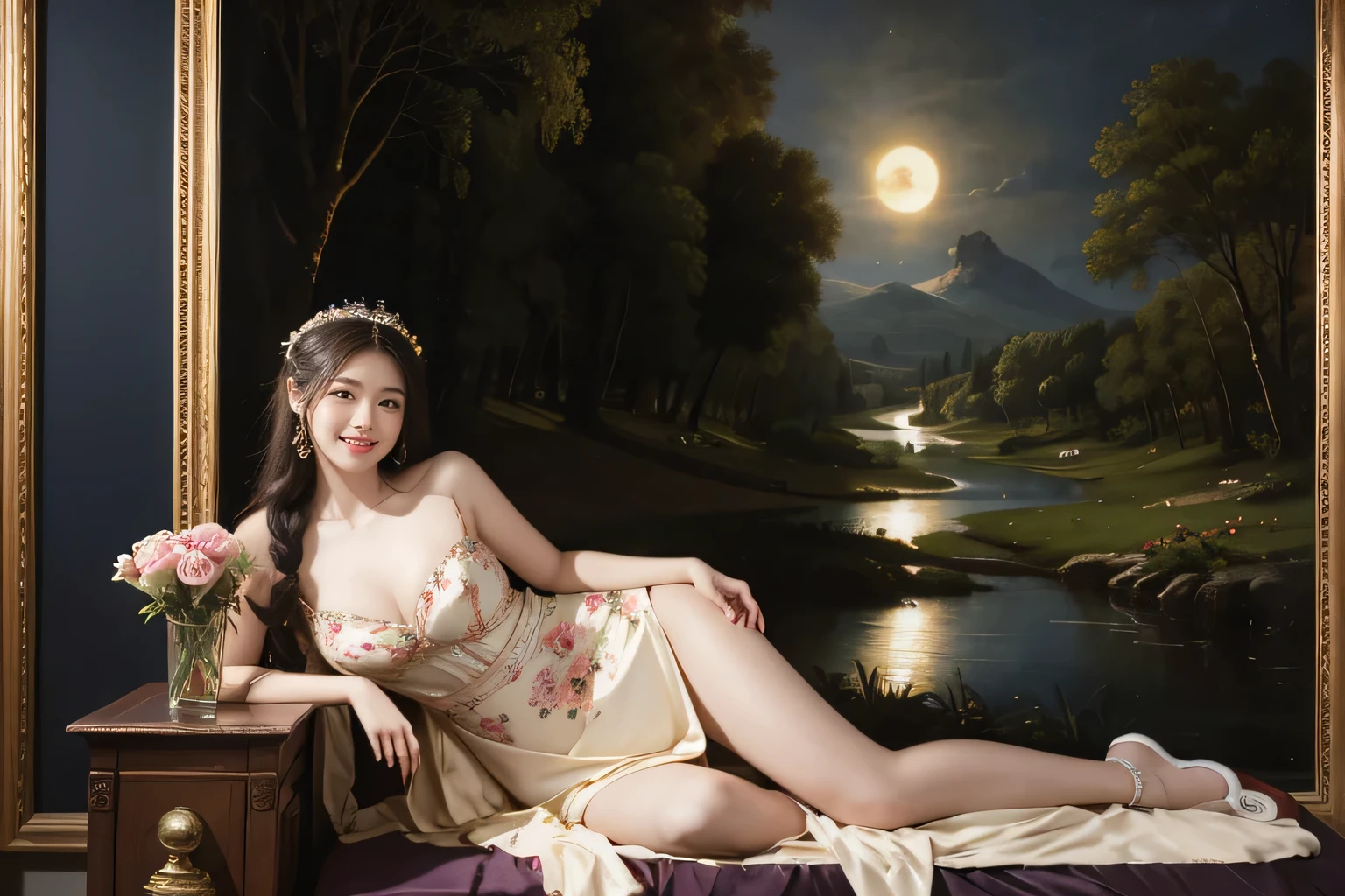 Giorgione painting style,Arguments of two female Philosophe,math、astronomical machine、astronaut、roses in vase、fruits、Cute trinkets、smile、ancient greek costume、Background is a forest lake at night 、Clothes that stretch your shoulders、A big smile、beautiful bare skin、A detailed representation of the seducing woman throughout her body.