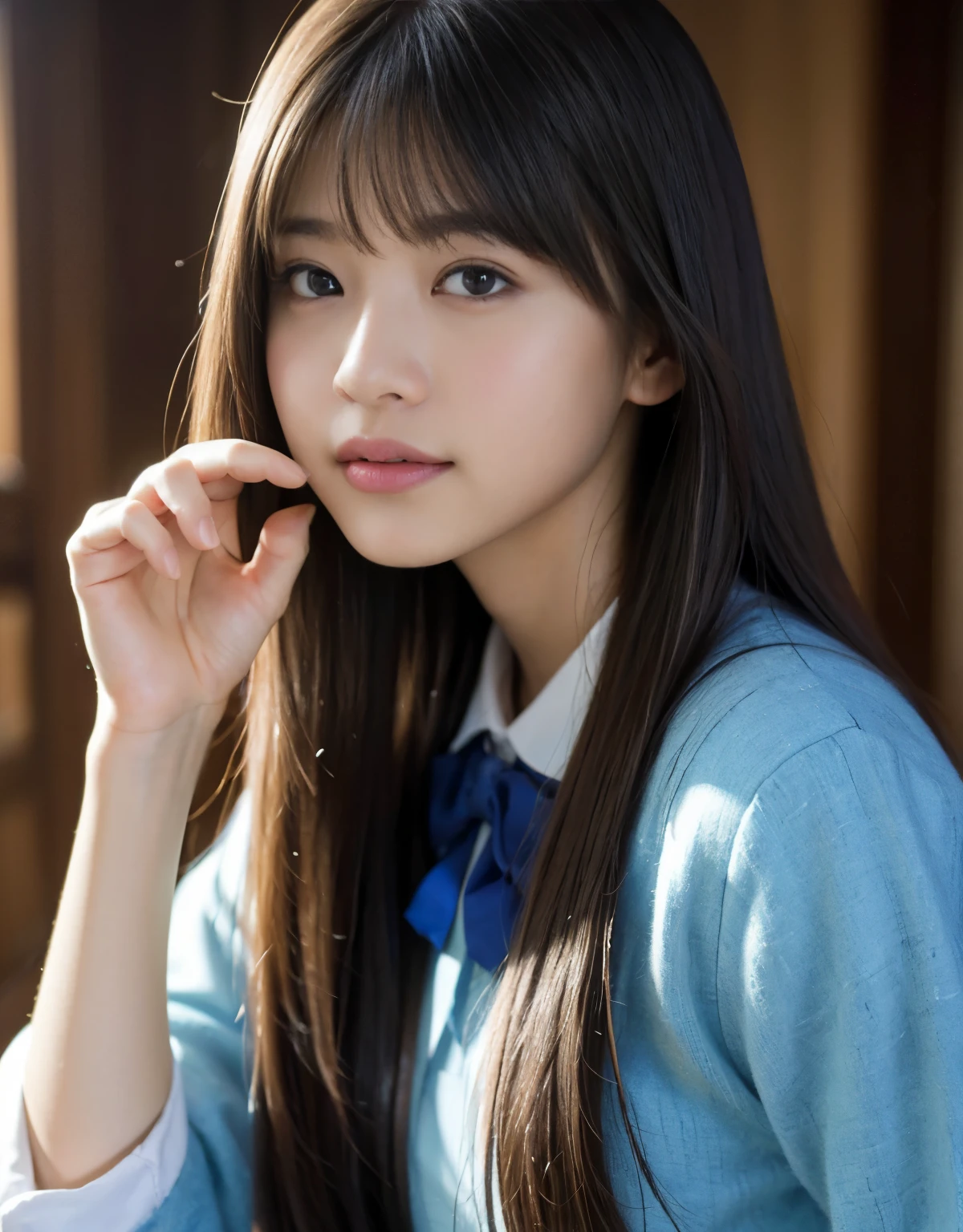 (1 girl)、highest quality、masterpiece、超A high resolution、(Photoreal:1.4)、Raw photo、Only one girl、high school student、(college uniform)、Portrait、Shadow、octane rendering、8K、intricate decorative details、Japan details、very intricate details、Close-up、realistic light、(mysterious look)、CG Society Trends、shining eyes、towards the camera, smiling, feminin pose