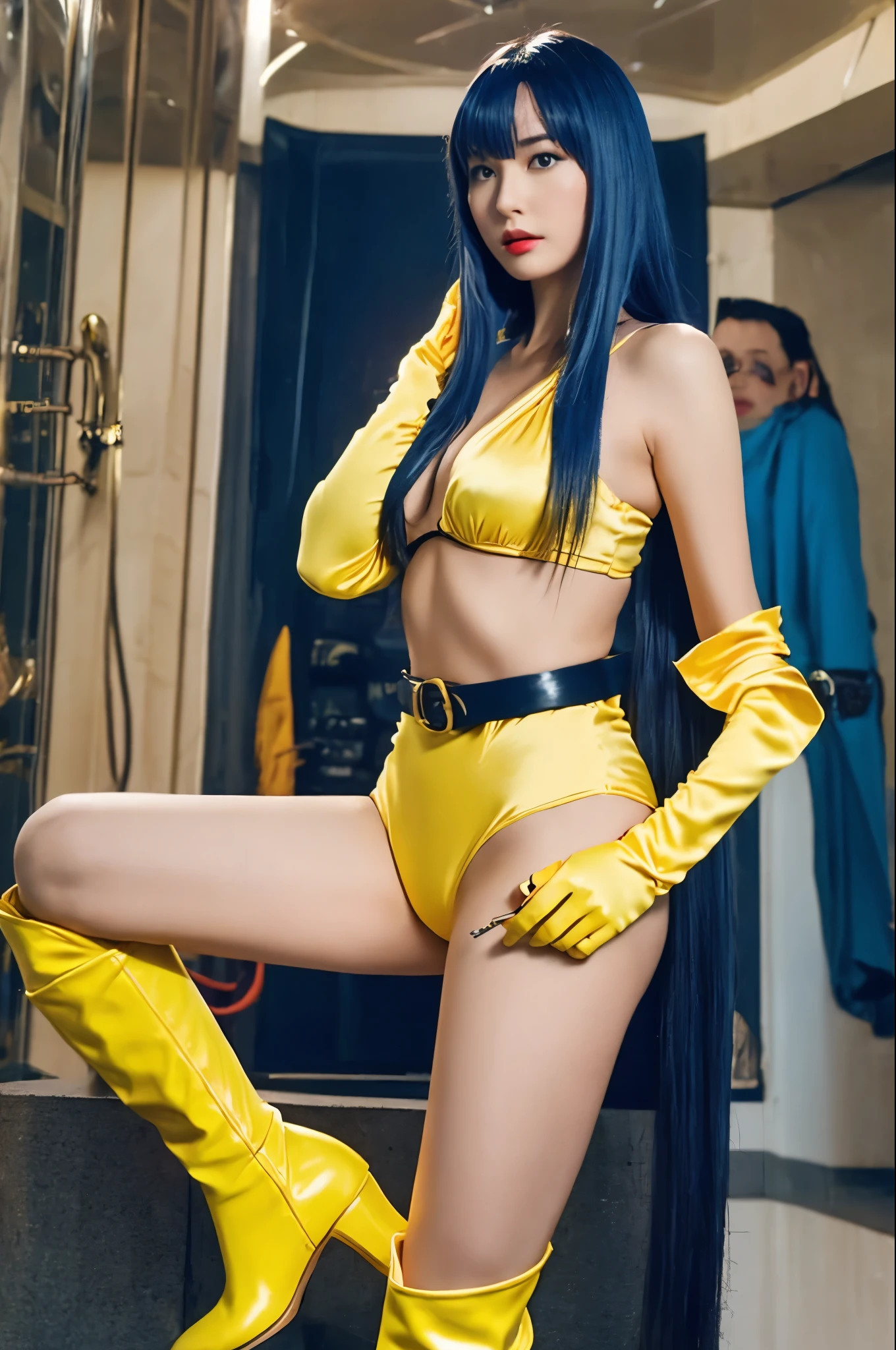 ((highest quality)), ((masterpiece)), (detailed), Perfect face beauty、Bangs、Long Straight Hair、Plump、Yellow Futuristic Bikini、Satin gloss、With a ray gun、Dirty Pair、Yuri、Yellow long boots、Yellow Long Gloves、Grey belt、Gun holder、Futuristic city、Inside the spaceship、Blue Hair