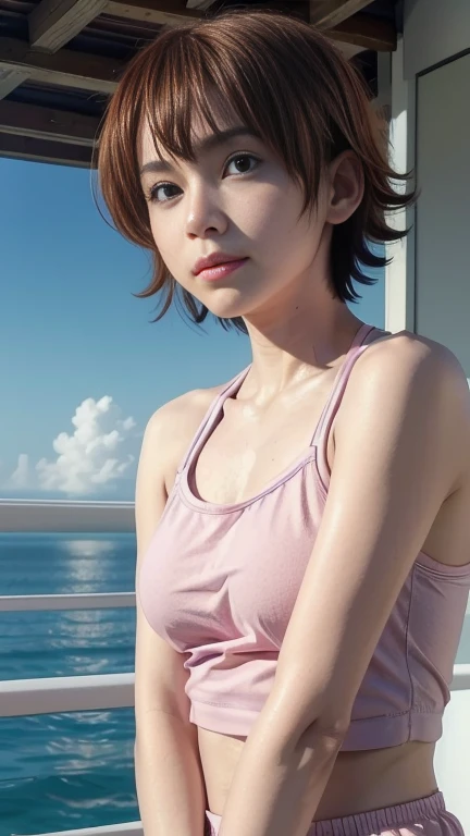 pretty, young, girl, short hair, brown hair, white skin, very small breasts, armpits, armpits visible, sweaty armpits, ocean, wearing pink outfit, no shadow in face