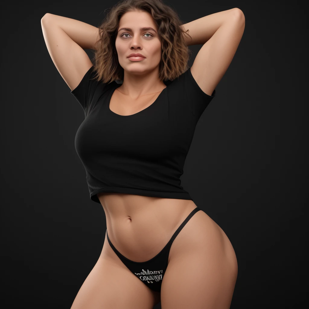 zPDXL2, zPDXLpg, zPDXLrl, A portrait photo of a 26-year-old influencer posing in her bright panties, as a black backdrop looms behind her. This tanned+fit stunner features a (well-defined hourglass silhouette), (bountiful perky breasts), graceful firm build, and a choppy-messy bob.