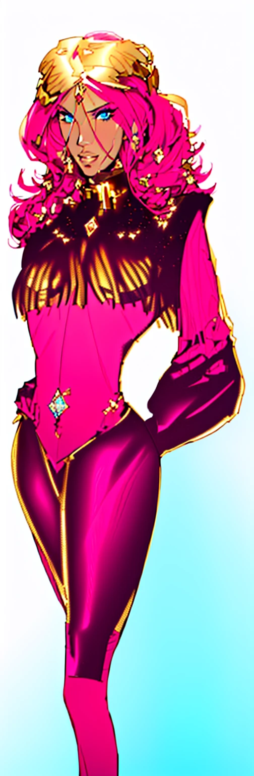master piece, 8k, realistic, red haired beautiful woman with a blue eyes, beautiful face, jewel on forehead with thin gold chain falling to diamond ear rings, wearing frilled top with a jeweled collar, exposed large torpedo breasts falling out of the frill top, pink nipples, long fluffy shear long sleeves, sparkling topaz gem on belly button, skin tight bejeweled black capri pants with thin gold and diamond belt, gloved right hand on hip , clamp style, beautiful stylish woman, colored sketch, realistic, anime character, full body art, ,colored lineart, digitally colored
