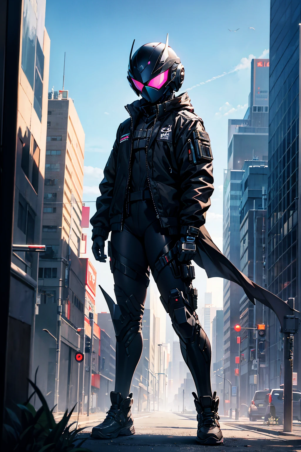 A teenager wearing black High-Tech suit black jacket High-tech Spider tactical helmet sci-fi city full-body shot
