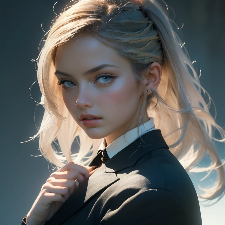 (((medium full shot))), (Masterpiece, photorealistic, photorealism, best quality, ultra-detailed:1.3), (nice hands, perfect hands), official art, cinematic light, beautiful young European woman, adult, Ultra realistic color pencil image of a business woman in a stylish suit with a wide brimmed hat, standing in a torrential rain. Deep dark intense midnight blue misty background, Dark theme, (soft shadows), (soft focus), portrait photography