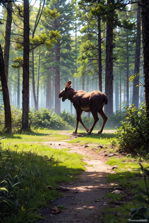 ((best quality)), cartoon, male moose in pine forest, seen in distance, (moose from behind)