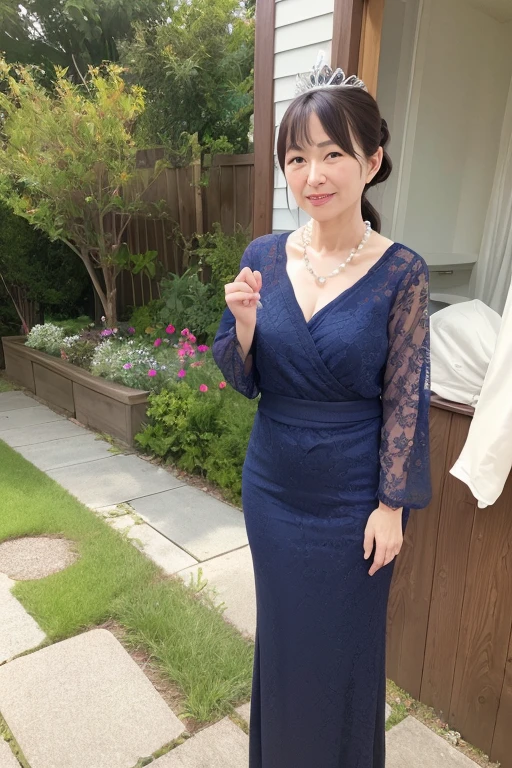 Mature Japanese Woman, Lady, 55 year old mature woman, Beautiful details, Beautiful lip detail, Very detailedな顔, Long eyelashes, ((Low Ponytail)), ((Pearl Necklace)), ((Full body emphasis)), dress, Wear a tiara on your head, English Garden, 真night中, night, full moon, moonlight, (highest quality, 4K, 8k, High resolution, masterpiece:1.2), Very detailed, (Realistic, photoRealistic, photo-Realistic:1.37), Vibrant colors