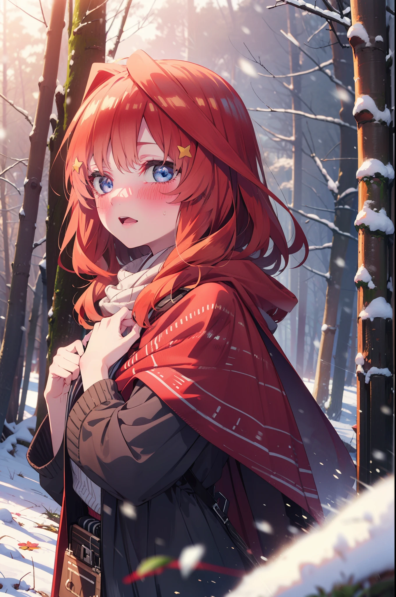 itsukinakano, Itsuki Nakano, bangs, blue eyes, Hair between the eyes, Ahoge, Redhead, star \(symbol\), hair ornaments, star hair ornaments,smile,blush,White Breath,
Open your mouth,snow, fire, Outdoor, boots, snowing, From the side, wood, suitcase, Cape, Blurred, Increase your meals, forest, White handbag, nature, Squat, Mouth closed, Hooded Cape, winter, Written boundary depth, Black shoes, red Cape break looking at viewer, Upper Body, whole body, break Outdoor, forest, nature, break (masterpiece:1.2), highest quality, High resolution, unity 8k wallpaper, (shape:0.8), (Beautiful and beautiful eyes:1.6), Highly detailed face, Perfect lighting, Highly detailed CG, (Perfect hands, Perfect Anatomy),
