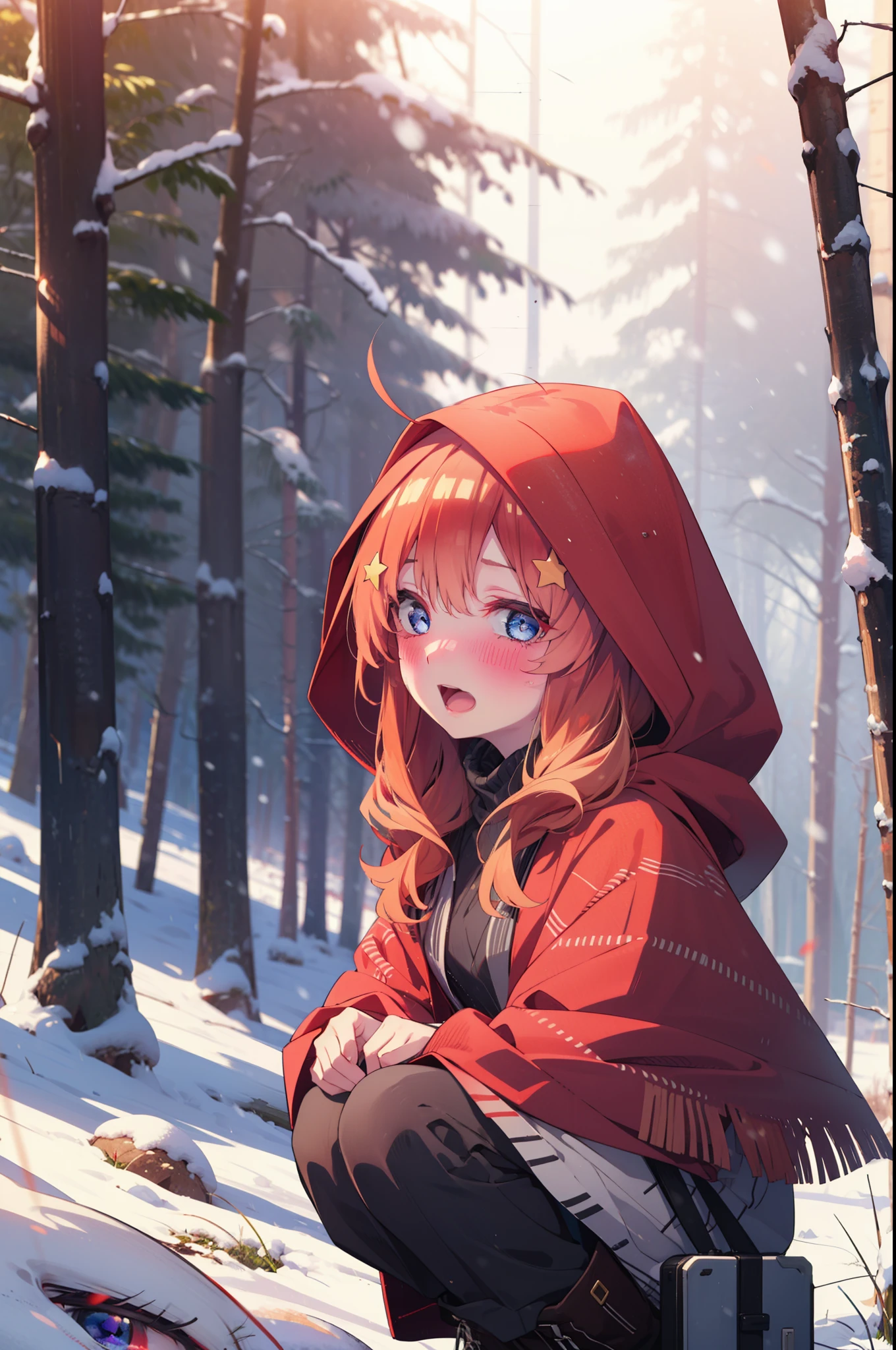 itsukinakano, Itsuki Nakano, bangs, blue eyes, Hair between the eyes, Ahoge, Redhead, star \(symbol\), hair ornaments, star hair ornaments,smile,blush,White Breath,
Open your mouth,snow, fire, Outdoor, boots, snowing, From the side, wood, suitcase, Cape, Blurred, Increase your meals, forest, White handbag, nature,  Squat, Mouth closed, Hooded Cape, winter, Written boundary depth, Black shoes, red Cape break looking at viewer, Upper Body, whole body, break Outdoor, forest, nature, break (masterpiece:1.2), highest quality, High resolution, unity 8k wallpaper, (shape:0.8), (Beautiful and beautiful eyes:1.6), Highly detailed face, Perfect lighting, Highly detailed CG, (Perfect hands, Perfect Anatomy),