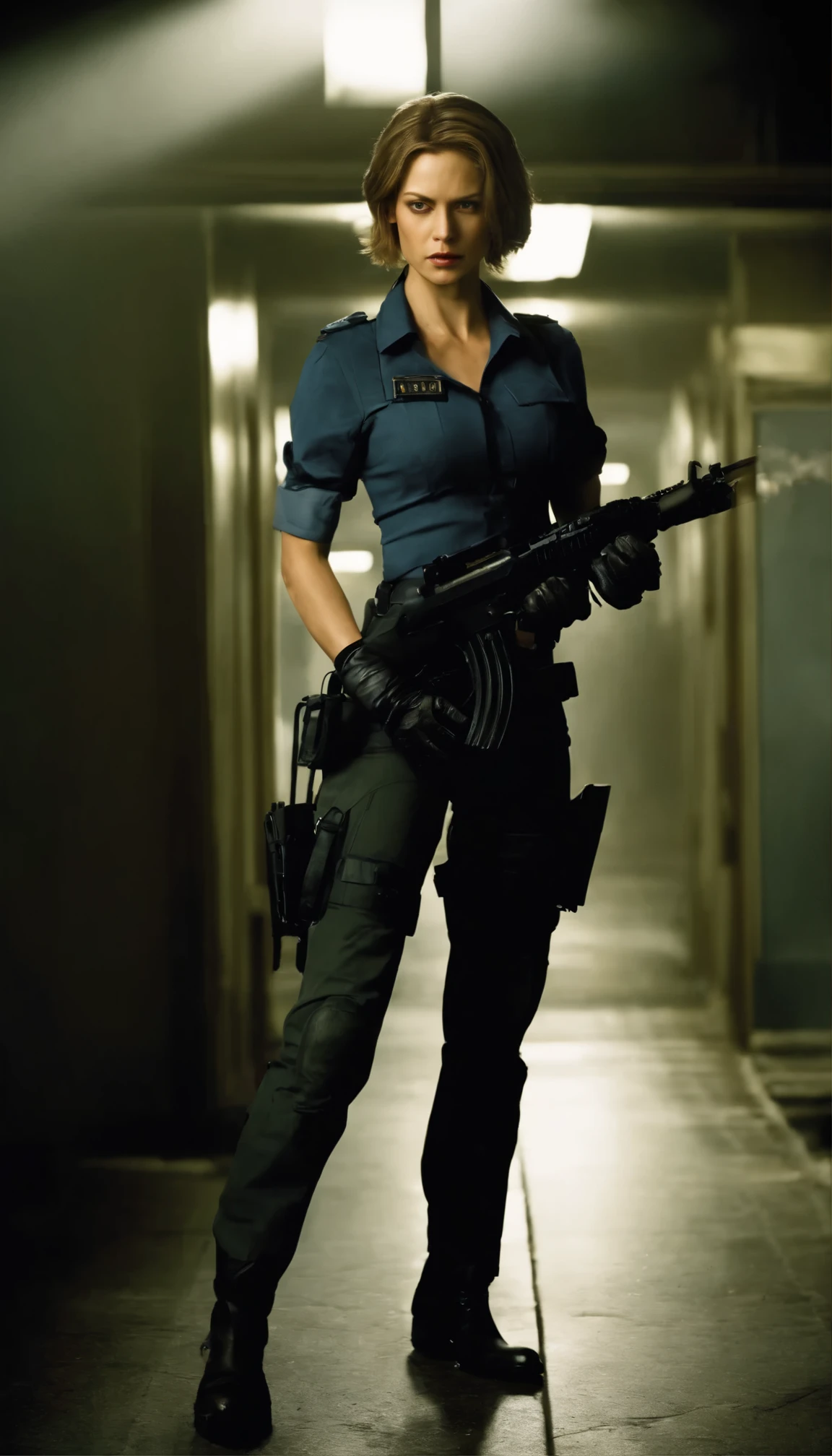 movie『resident evil:Apocalypse』A thrilling high definition scene unfolds.、The unwavering determination of the main character, Jill Valentine, is conveyed.。In this meticulously depicted moment、resident evilの公式ユニフォームに身を包んだジルが、Skillfully aim your gun at the threatening zombie。Her long, flowing hair sways gently in the dynamic lighting.、Cast deep shadows、It highlights his chiseled features and fierce expression.。Jill's face、The perfect blend of intensity and focus、Beautiful and detailed with deep eyes、I am fixated on the threat before me.