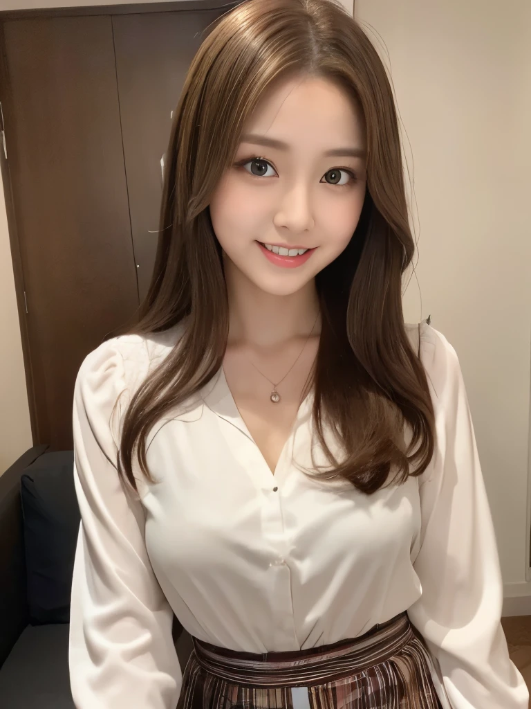 A beautiful Japanese shy girl, 18 years old, short brown hair, brown big eyes, shiny lip, shiny hair, ecstatic expression, in dark suite room, The background is very blurry, wearing solid white blouse, plaid skirt, wearing neckless, 