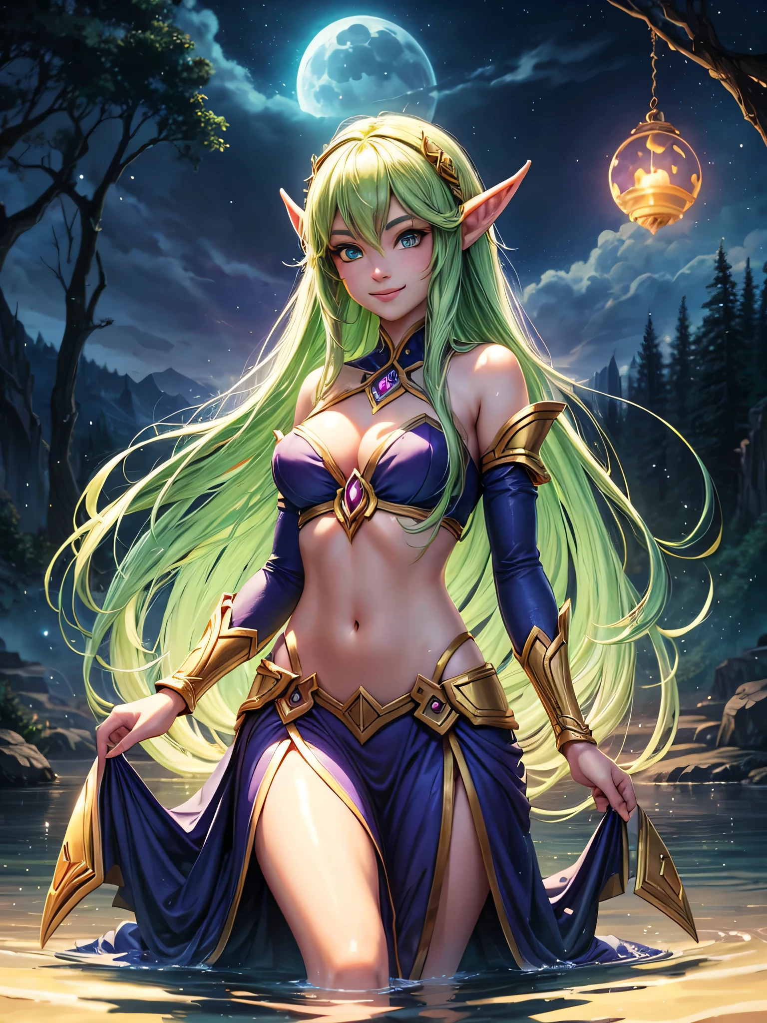 Night elf girl from Warcraft. Stand in water of lake. Nigt. Only One Moon in clouds in the sky. Fantasy. Smile. Nigt atmosper. fractal. Golden ratio