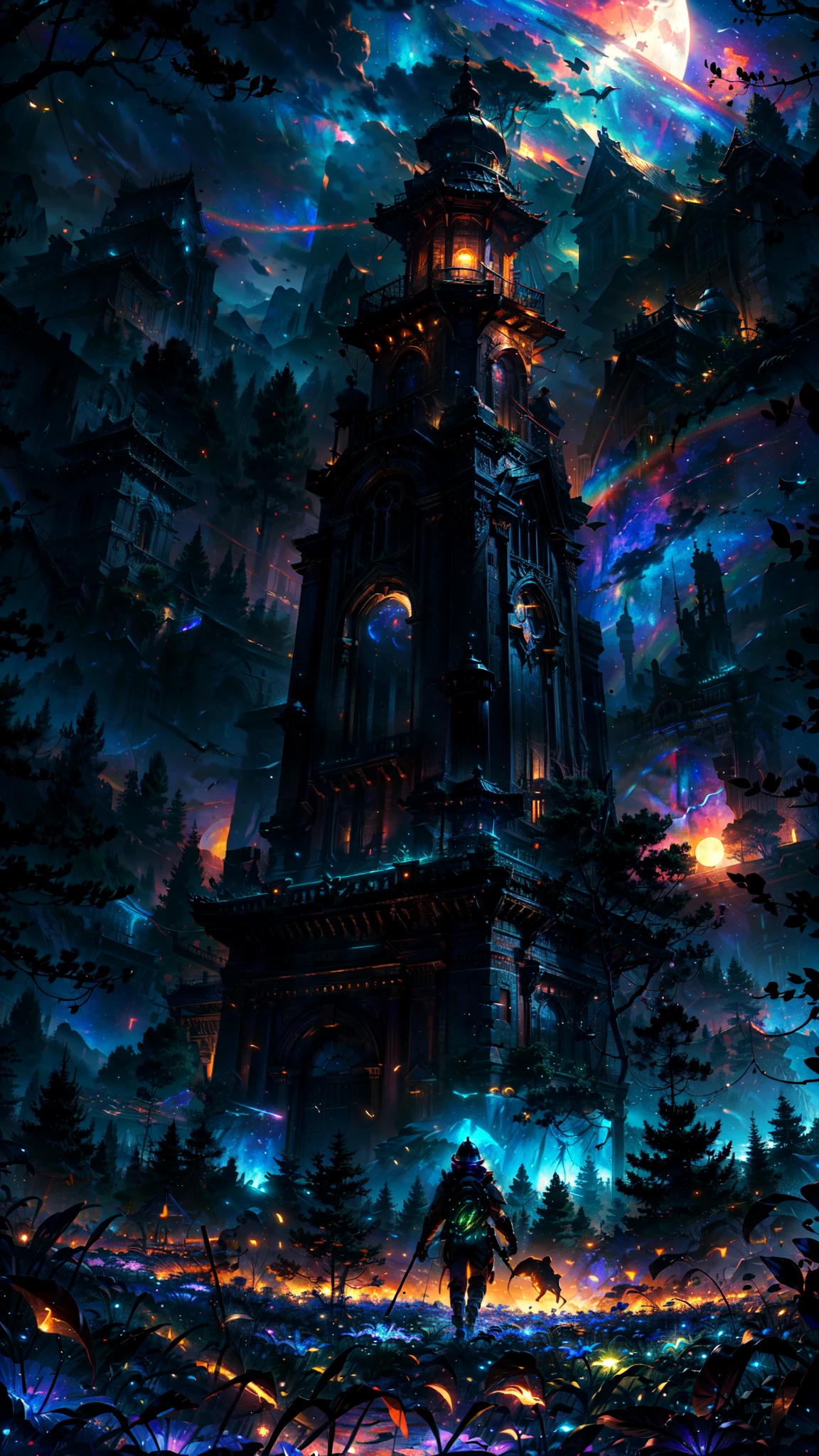 A wide landscape photo, (viewed from below, the sky is above, and the open field is below), a girl standing on a flower field looking up, (full moon: 1.2), (meteor: 0.9), (nebula: 1.3), distant mountains , Trees BREAK Crafting Art, (Warm Light: 1.2), (Firefly: 1.2), Lights, Lots of Purple and Orange, Intricate Details, Volumetric Lighting BREAK (Masterpiece: 1.2), (Best Quality), 4k, Ultra Detailed, (Dynamic Composition: 1.4), Rich in Detail and Color, (Rainbow Color: 1.2), (Glow, Atmospheric Lighting), Dreamy, Magical, (Solo: 1.2)