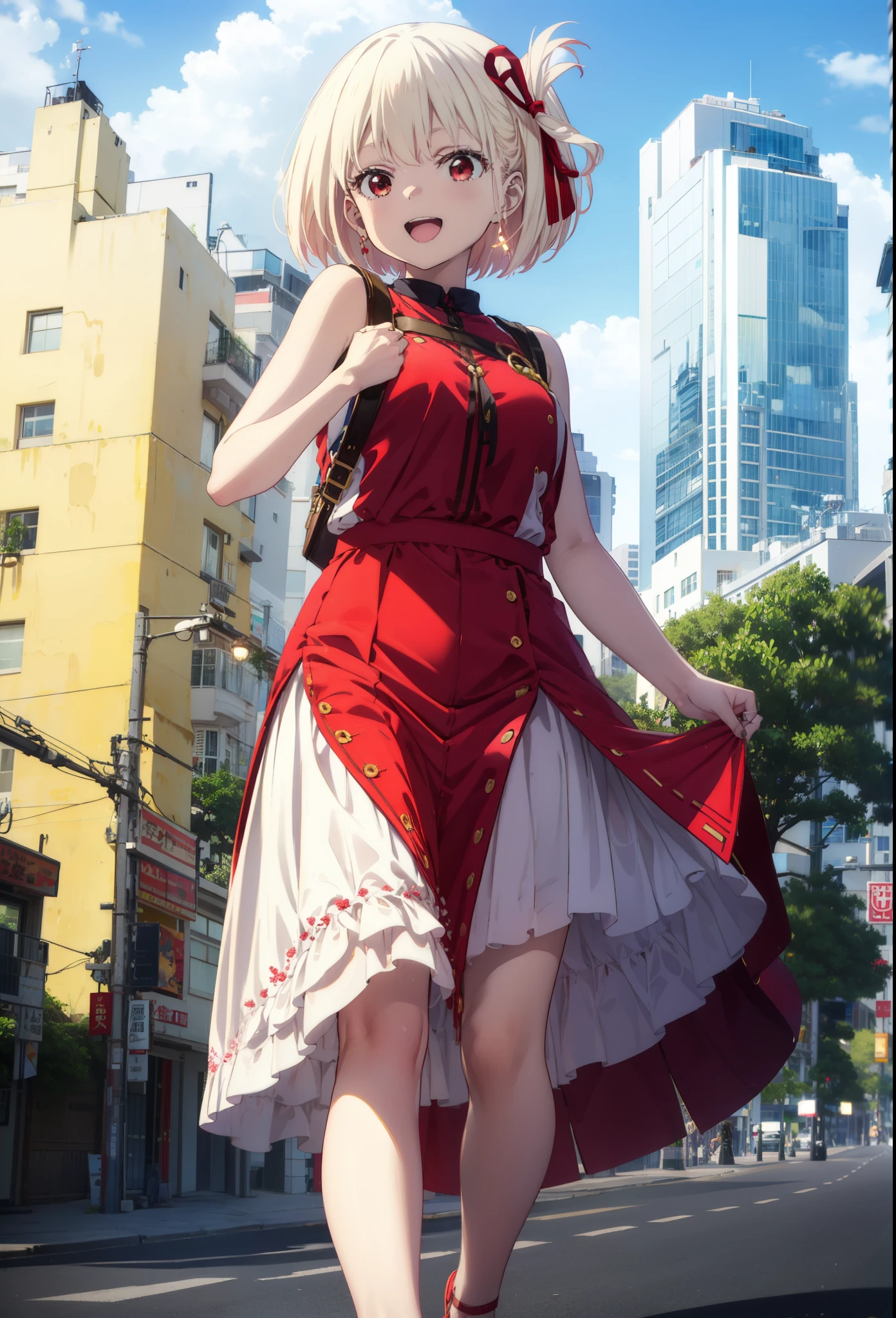 chisatonishikigi, Chisato Nishikigi, short hair, bangs, blonde, (Red eyes:1.5), Hair Ribbon, One side up, Bobcut,happy smile, smile, Open your mouth,
Open your mouth, Red sleeveless dress,Bare arms,Red long skirt,Cute Sandals,whole bodyがイラストに入るように,Walking,Daytime,sunny, walk,Looking up from below,break looking at viewer,whole body,break outdoors, In town,Coastal Road, break (masterpiece:1.2), highest quality, High resolution, unity 8k wallpaper, (shape:0.8), (Beautiful details:1.6), Highly detailed face, Perfect lighting, Extremely detailed CG, (Perfect hands, Perfect Anatomy),
