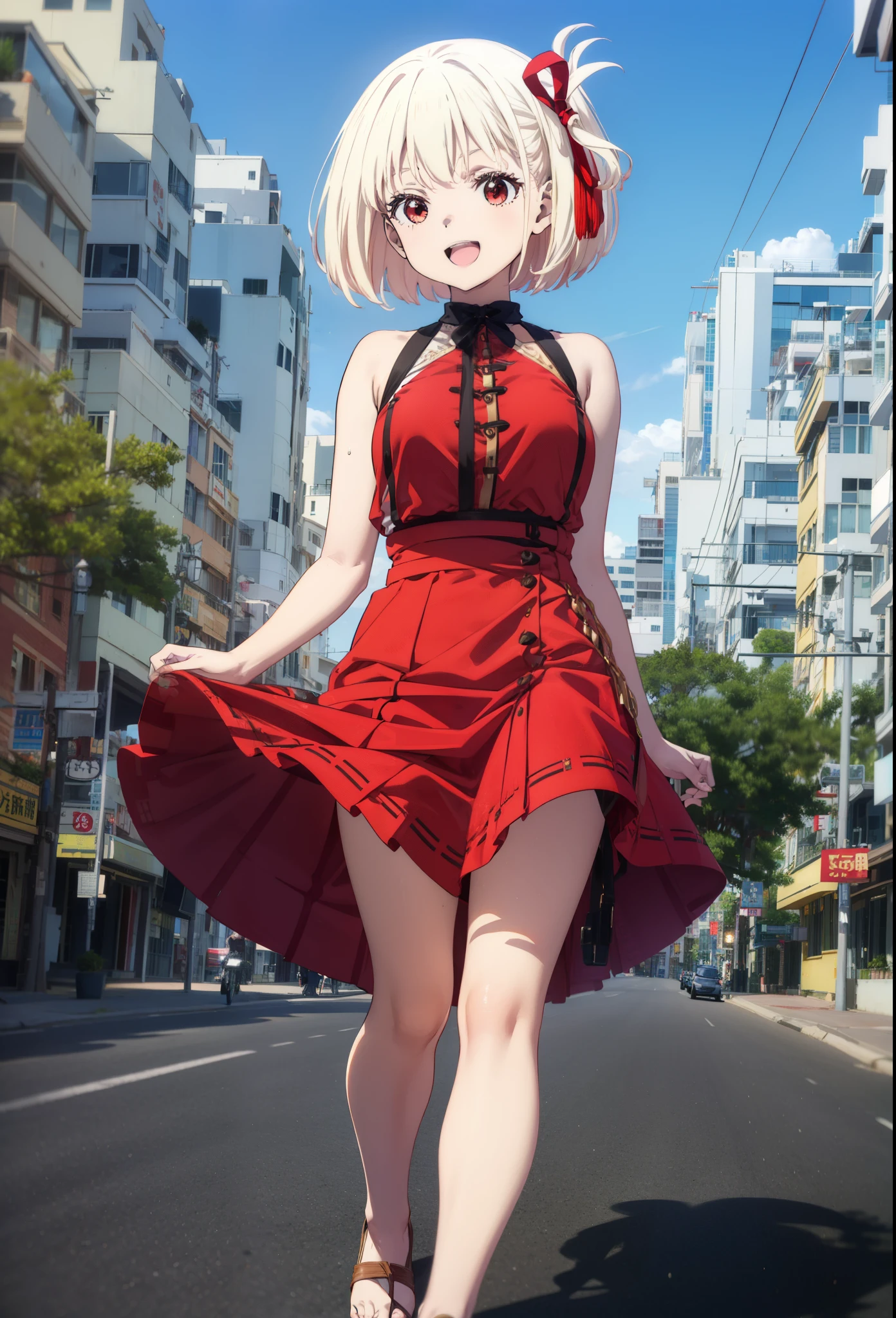 chisatonishikigi, Chisato Nishikigi, short hair, bangs, blonde, (Red eyes:1.5), Hair Ribbon, One side up, Bobcut,happy smile, smile, Open your mouth,
Open your mouth, Red sleeveless dress,Bare arms,Red long skirt,Cute Sandals,whole bodyがイラストに入るように,Walking,Daytime,sunny, walk,Looking up from below,break looking at viewer,whole body,break outdoors, In town,Coastal Road, break (masterpiece:1.2), highest quality, High resolution, unity 8k wallpaper, (shape:0.8), (Beautiful details:1.6), Highly detailed face, Perfect lighting, Extremely detailed CG, (Perfect hands, Perfect Anatomy),