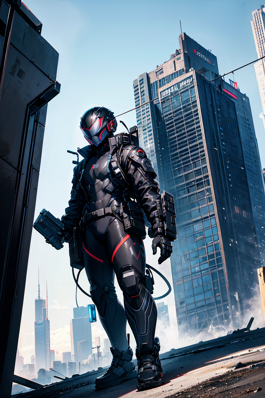 A teenager wearing black High-Tech suit black jacket High-tech Spider tactical helmet sci-fi city full-body shot Hero character design