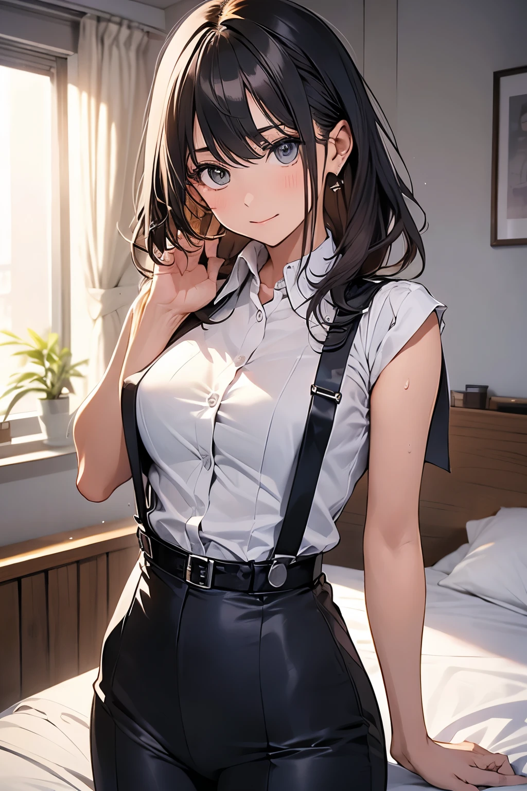 hair、Staring at the audience　　　Black suspenders　　　bulging big breasts　　 　 　　　wall: 　Black pantsuit　　　　　　sight　　　Small face　 　　　holster　　　Beautiful woman　　Show your hand　　 Lying in bed　　sight 　　Taunt　side　side汗 　arm　Dress shirt　belt　summer　Armpit sweat