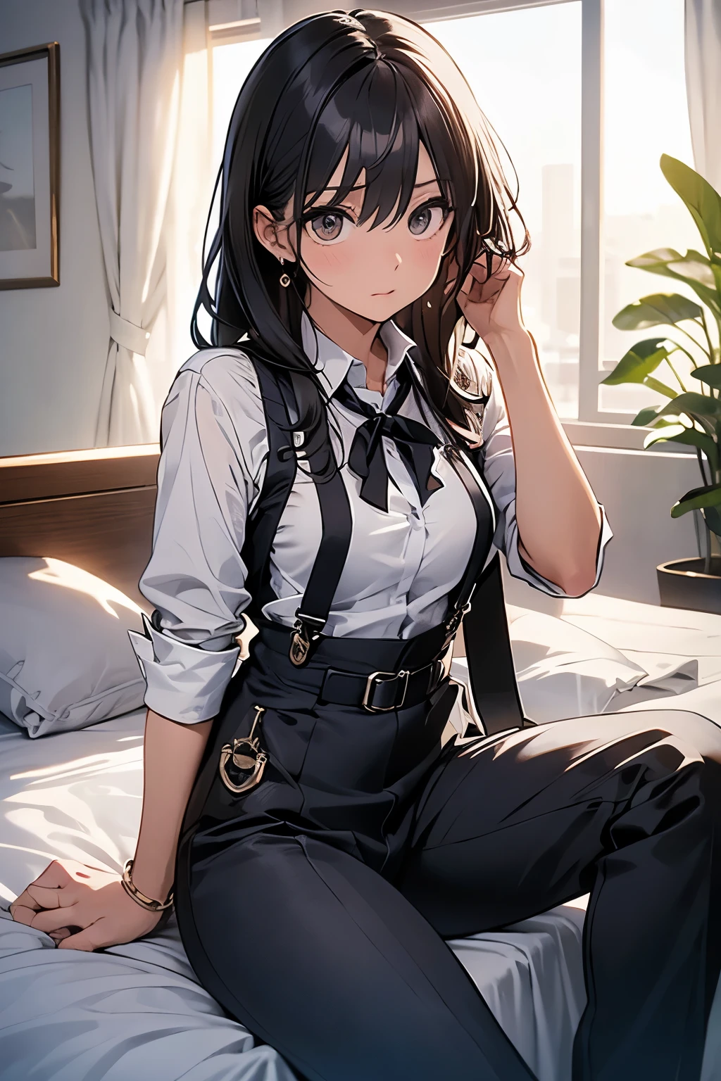 hair、Staring at the audience Black suspenders bulging big breasts wall: Black pantsuit sight Small face holster Beautiful woman Show your hand Lying in bed sight Taunt side side汗 arm Dress shirt belt summer Armpit sweat