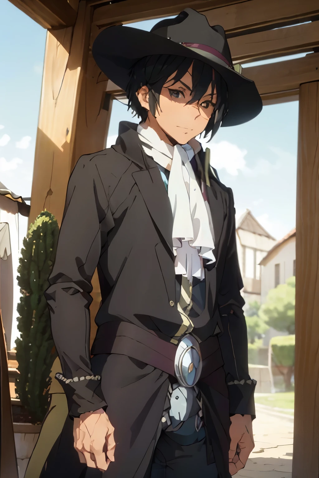 hombre joven, cowboy, cabello negro, neck scarf, poncho, pistolas en ambas manos, cuerpo completo, sombrero, botas tejanas