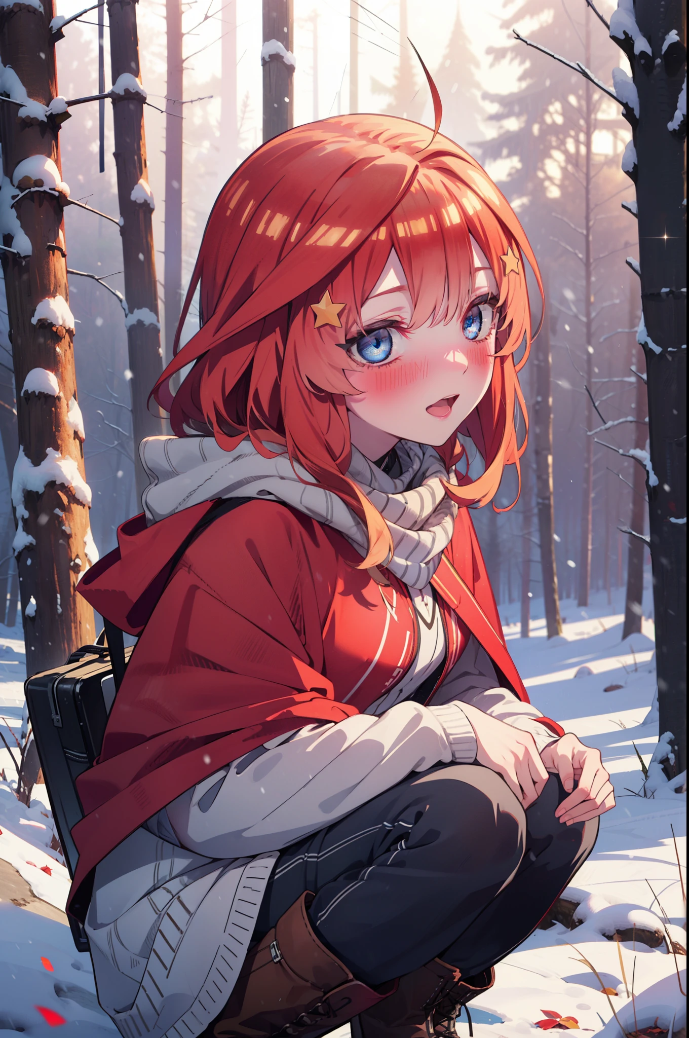 itsukinakano, Itsuki Nakano, bangs, blue eyes, Hair between the eyes, Ahoge, Redhead, star \(symbol\), hair ornaments, star hair ornaments,smile,blush,White Breath,
Open your mouth,snow, fire, Outdoor, boots, snowing, From the side, wood, suitcase, Cape, Blurred, Increase your meals, forest, White handbag, nature,  Squat, Mouth closed, Hooded Cape, winter, Written boundary depth, Black shoes, red Cape break looking at viewer, Upper Body, whole body, break Outdoor, forest, nature, break (masterpiece:1.2), highest quality, High resolution, unity 8k wallpaper, (shape:0.8), (Beautiful and beautiful eyes:1.6), Highly detailed face, Perfect lighting, Highly detailed CG, (Perfect hands, Perfect Anatomy),